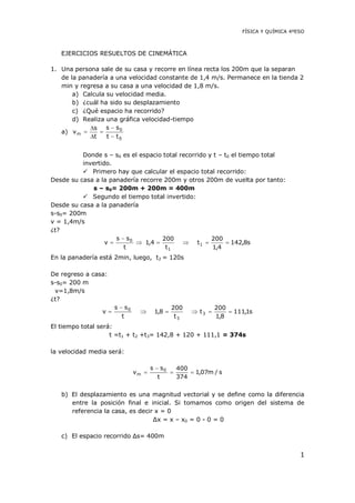 FÍSICA Y QUÍMICA 4ºESO
1
EJERCICIOS RESUELTOS DE CINEMÁTICA
1. Una persona sale de su casa y recorre en línea recta los 200m que la separan
de la panadería a una velocidad constante de 1,4 m/s. Permanece en la tienda 2
min y regresa a su casa a una velocidad de 1,8 m/s.
a) Calcula su velocidad media.
b) ¿cuál ha sido su desplazamiento
c) ¿Qué espacio ha recorrido?
d) Realiza una gráfica velocidad-tiempo
a)
0
0
m
tt
ss
t
s
v
Donde s – s0 es el espacio total recorrido y t – t0 el tiempo total
invertido.
 Primero hay que calcular el espacio total recorrido:
Desde su casa a la panadería recorre 200m y otros 200m de vuelta por tanto:
s – s0= 200m + 200m = 400m
 Segundo el tiempo total invertido:
Desde su casa a la panadería
s-s0= 200m
v = 1,4m/s
¿t?
s8,142
4,1
200
t
t
200
4,1
t
ss
v 1
1
0
En la panadería está 2min, luego, t2 = 120s
De regreso a casa:
s-s0= 200 m
v=1,8m/s
¿t?
s1,111
8,1
200
t
t
200
8,1
t
ss
v 3
3
0
El tiempo total será:
t =t1 + t2 +t3= 142,8 + 120 + 111,1 = 374s
la velocidad media será:
s/m07,1
374
400
t
ss
v 0
m
b) El desplazamiento es una magnitud vectorial y se define como la diferencia
entre la posición final e inicial. Si tomamos como origen del sistema de
referencia la casa, es decir x = 0
Δx = x – x0 = 0 - 0 = 0
c) El espacio recorrido Δs= 400m
 