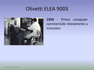 Olivetti ELEA 9003
1959 - Primo computer
commerciale interamente a
transistor.
10A cura di Jacques Bottel
 