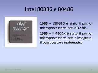 Intel 80386 e 80486
1985 – L’80386 è stato il primo
microprocessore Intel a 32 bit.
1989 – Il 486DX è stato il primo
microprocessore Intel a integrare
il coprocessore matematico.
25A cura di Jacques Bottel
 
