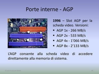 Porte interne - AGP
1996 – Slot AGP per la
scheda video. Versioni:
 AGP 1x - 266 MB/s
 AGP 2x - 533 MB/s
 AGP 4x - 1’066 MB/s
 AGP 8x - 2’133 MB/s
40A cura di Jacques Bottel
L’AGP consente alla scheda video di accedere
direttamente alla memoria di sistema.
 