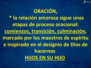 ORACIÓN, 
* 
la 
relación 
amorosa 
sigue 
unas 
etapas 
de 
proceso 
oracional: 
comienzos, 
transición, 
culminación, 
marcado 
por 
los 
maestros 
de 
espíritu 
e 
inspirado 
en 
el 
designio 
de 
Dios 
de 
hacernos 
HIJOS 
EN 
SU 
HIJO 
 