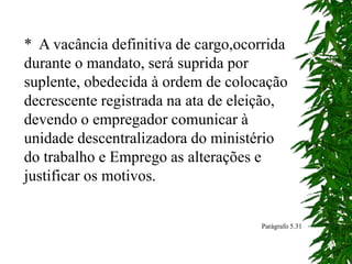 * A vacância definitiva de cargo,ocorrida
durante o mandato, será suprida por
suplente, obedecida à ordem de colocação
decrescente registrada na ata de eleição,
devendo o empregador comunicar à
unidade descentralizadora do ministério
do trabalho e Emprego as alterações e
justificar os motivos.
Parágrafo 5.31
 