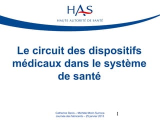 Le circuit des dispositifs
médicaux dans le système
de santé et évaluation

Catherine Denis – Michèle Morin Surroca
31 Janvier 2014

1

 