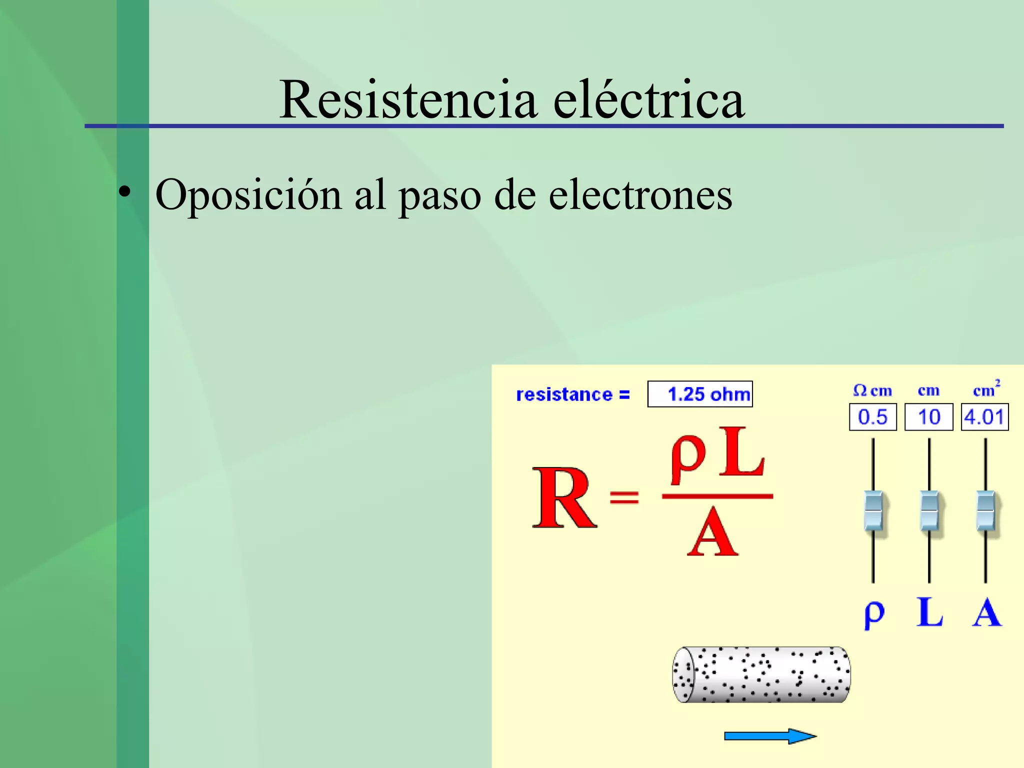 Resistencia eléctrica
• Oposición al paso de electrones
 