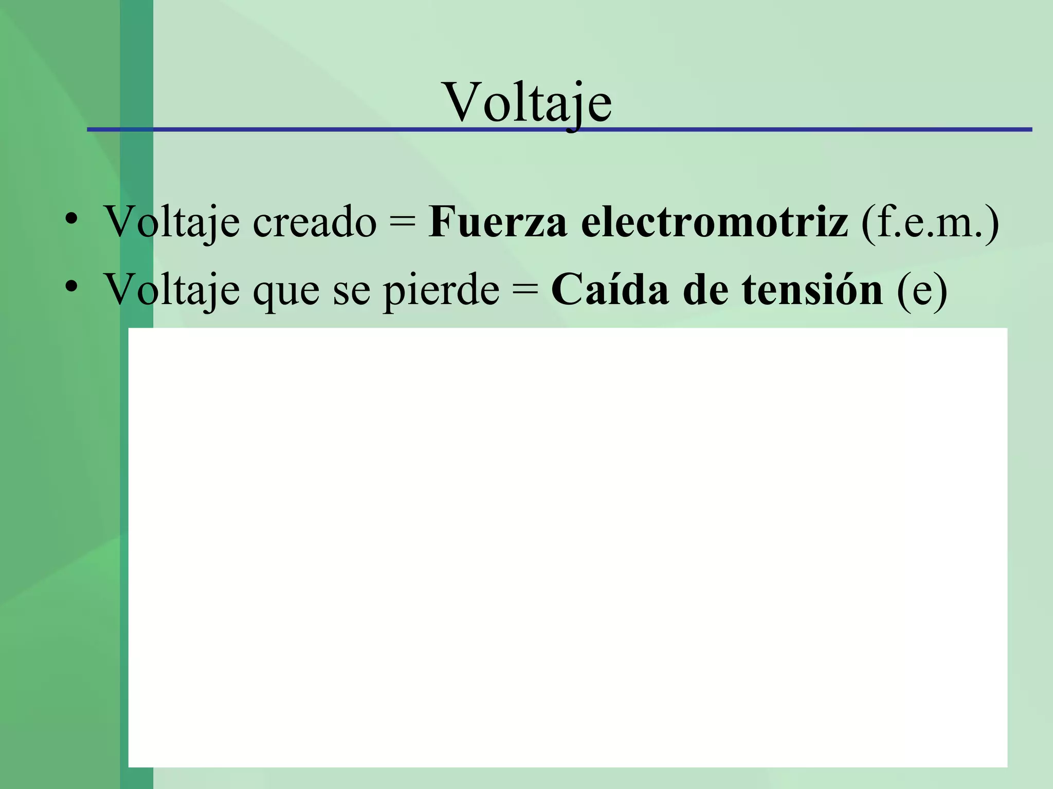 Voltaje
• Voltaje creado = Fuerza electromotriz (f.e.m.)
• Voltaje que se pierde = Caída de tensión (e)
 