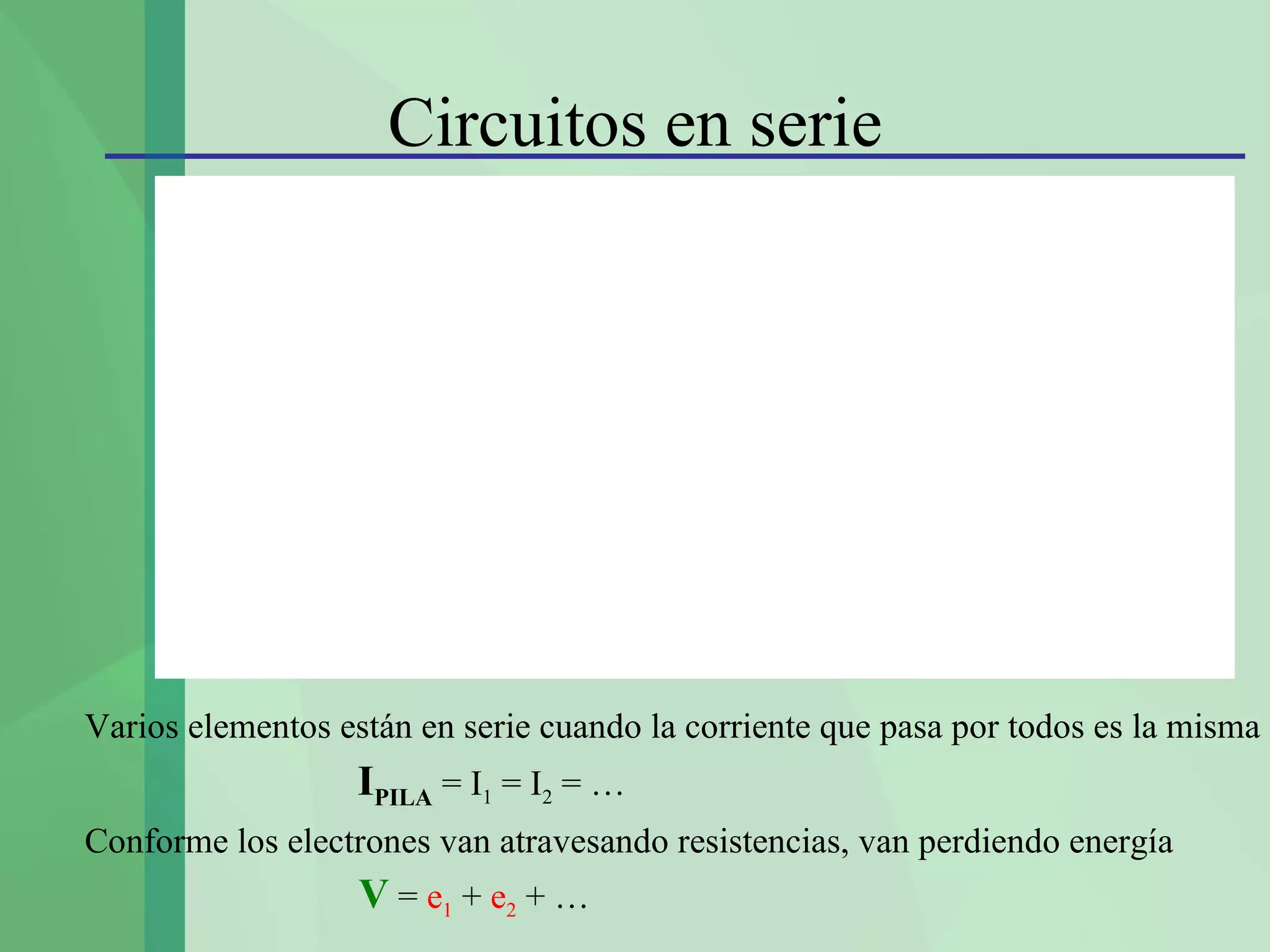 Circuitos en serie




Varios elementos están en serie cuando la corriente que pasa por todos es la misma
                   IPILA = I1 = I2 = …
Conforme los electrones van atravesando resistencias, van perdiendo energía
                   V = e1 + e2 + …
 