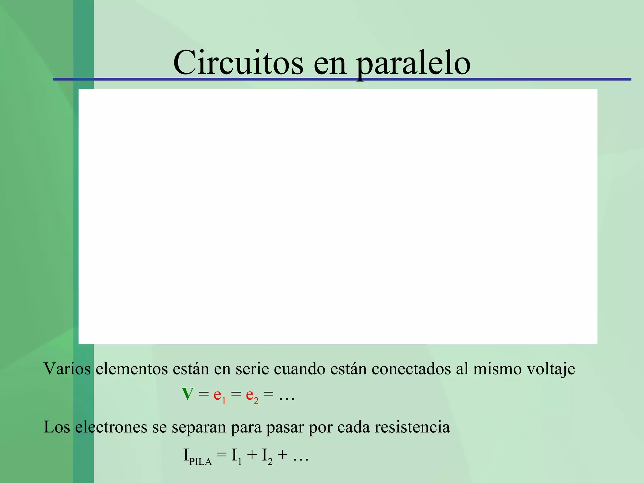 Circuitos en paralelo




Varios elementos están en serie cuando están conectados al mismo voltaje
                  V = e1 = e2 = …
Los electrones se separan para pasar por cada resistencia
                   IPILA = I1 + I2 + …
 