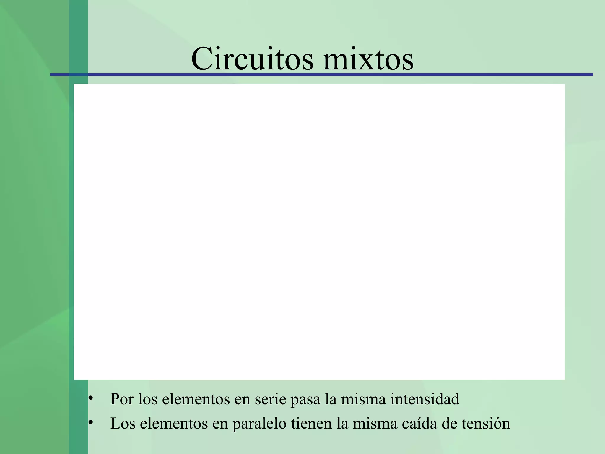 Circuitos mixtos




•   Por los elementos en serie pasa la misma intensidad
•   Los elementos en paralelo tienen la misma caída de tensión
 