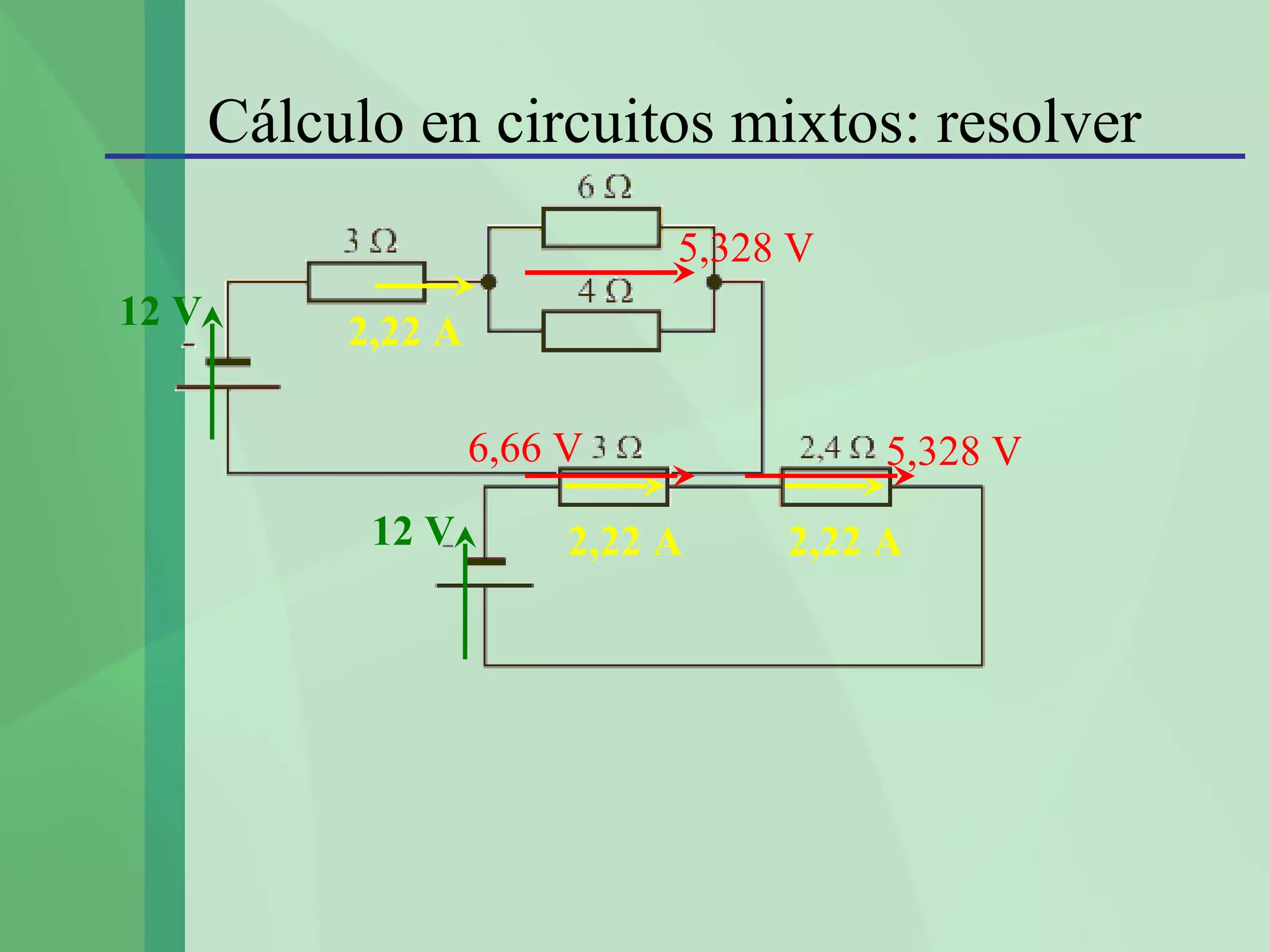 Cálculo en circuitos mixtos: resolver
                               5,328 V
12 V        2,22 A

                     6,66 V              5,328 V
             12 V         2,22 A    2,22 A
 