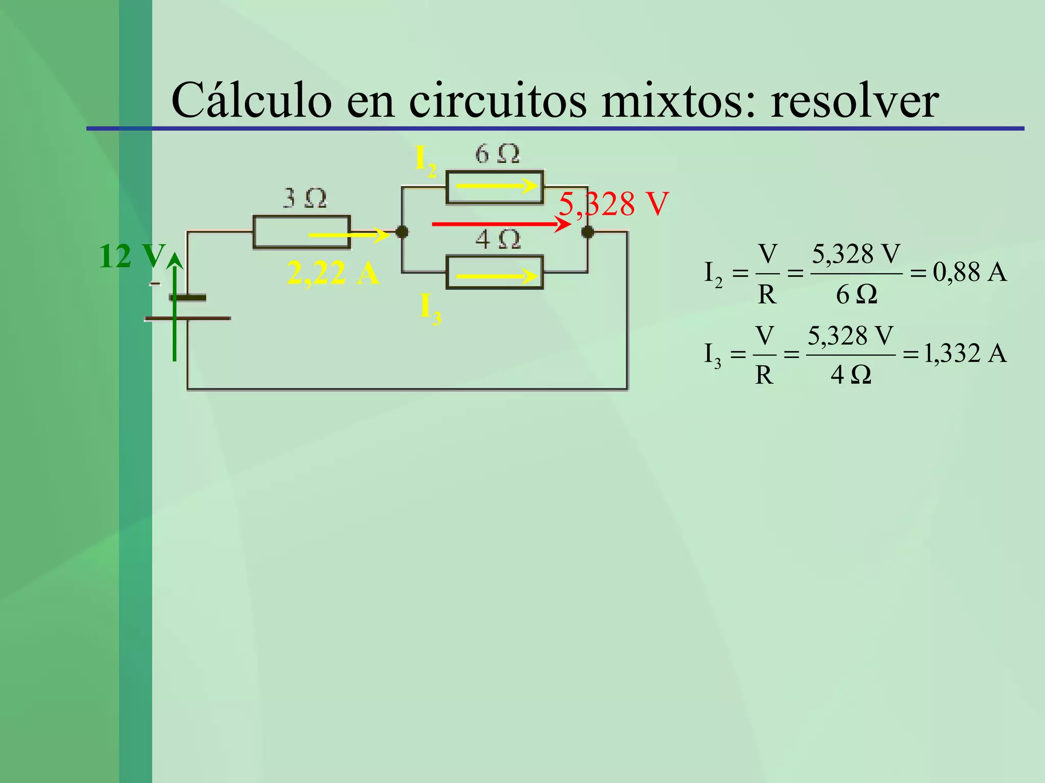 Cálculo en circuitos mixtos: resolver
                     I2
                          5,328 V
12 V        2,22 A                  I2 =
                                        V 5,328 V
                                          =       = 0,88 A
                     I3                 R    6Ω
                                        V 5,328 V
                                    I3 = =        = 1,332 A
                                        R   4Ω
 