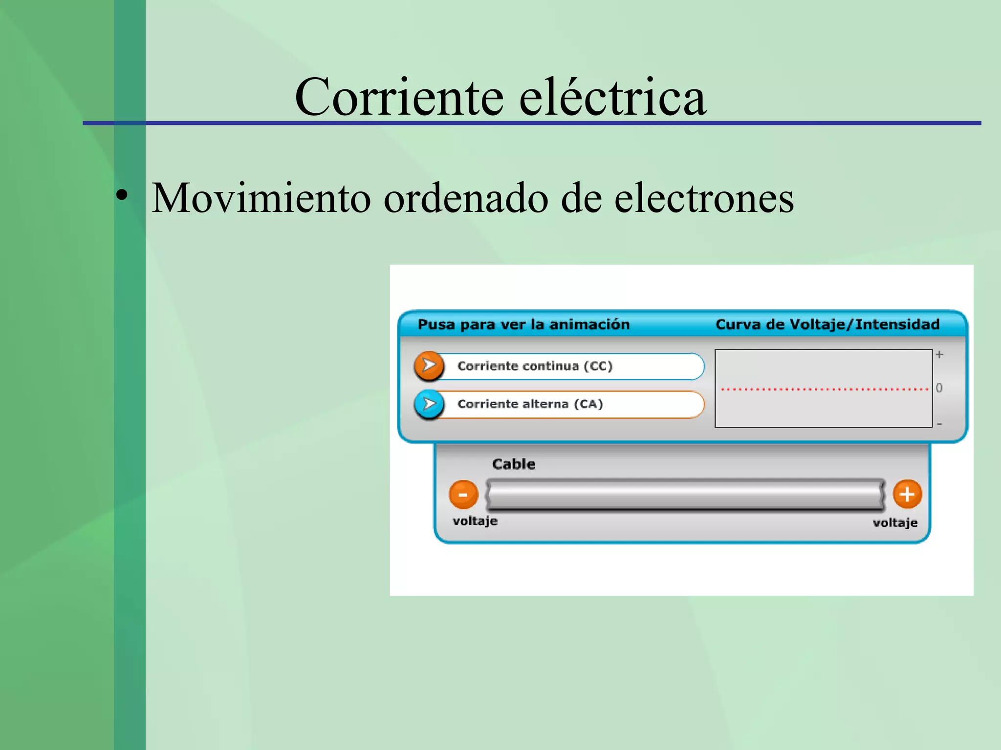 Corriente eléctrica
• Movimiento ordenado de electrones
 