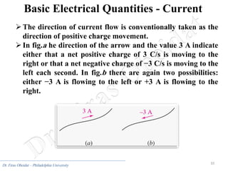 10
Dr. Firas Obeidat – Philadelphia University
Basic Electrical Quantities - Current
The direction of current flow is conventionally taken as the
direction of positive charge movement.
In fig.a he direction of the arrow and the value 3 A indicate
either that a net positive charge of 3 C/s is moving to the
right or that a net negative charge of −3 C/s is moving to the
left each second. In fig.b there are again two possibilities:
either −3 A is flowing to the left or +3 A is flowing to the
right.
 