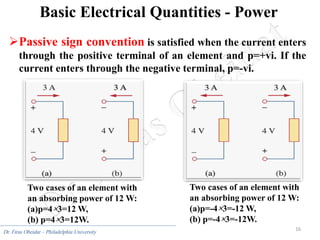 16
Dr. Firas Obeidat – Philadelphia University
Basic Electrical Quantities - Power
Two cases of an element with
an absorbing power of 12 W:
(a)p=4×3=12 W,
(b) p=4×3=12W.
Two cases of an element with
an absorbing power of 12 W:
(a)p=-4×3=-12 W,
(b) p=-4×3=-12W.
Passive sign convention is satisfied when the current enters
through the positive terminal of an element and p=+vi. If the
current enters through the negative terminal, p=-vi.
 