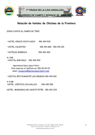 1ª TIRADA DE LA LIGA ANDALUZA

          RECORRIDO DE CAMPO Y BOSQUE 3D 2009 - 2010.


          Relación de hoteles de Chiclana de la Frontera


ZONA JUNTO AL CAMPO DE TIRO




• HOTEL VINCCI COSTA GOLF         956 494 535

• HOTEL VALENTIN                   956 491 000 - 956 491 015

• HOTELES BARROSA                956 496 400

A 1 KM
• HOSTAL BAR NOLI     956 494 549

      Aparthotel Novo Sancti Petri
    Para reservar el teléfono es: 956 49 20 29
     email: recepcion@aptnovosanctipetri.com

• HOSTAL RESTAURANTE LOS DROGOS 956 494 815

A 4 KM
HOTEL CORTIJO LOS GALLOS             956 490 950

HOTEL MARISMAS DE SANCTI PETRI 956 492 229




                     FEDERACION ANDALUZA DE TIRO CON ARCO      3
                         DELEGACION DE CAMPO Y BOSQUE 3D
                               antoniohernando@ya.com
 