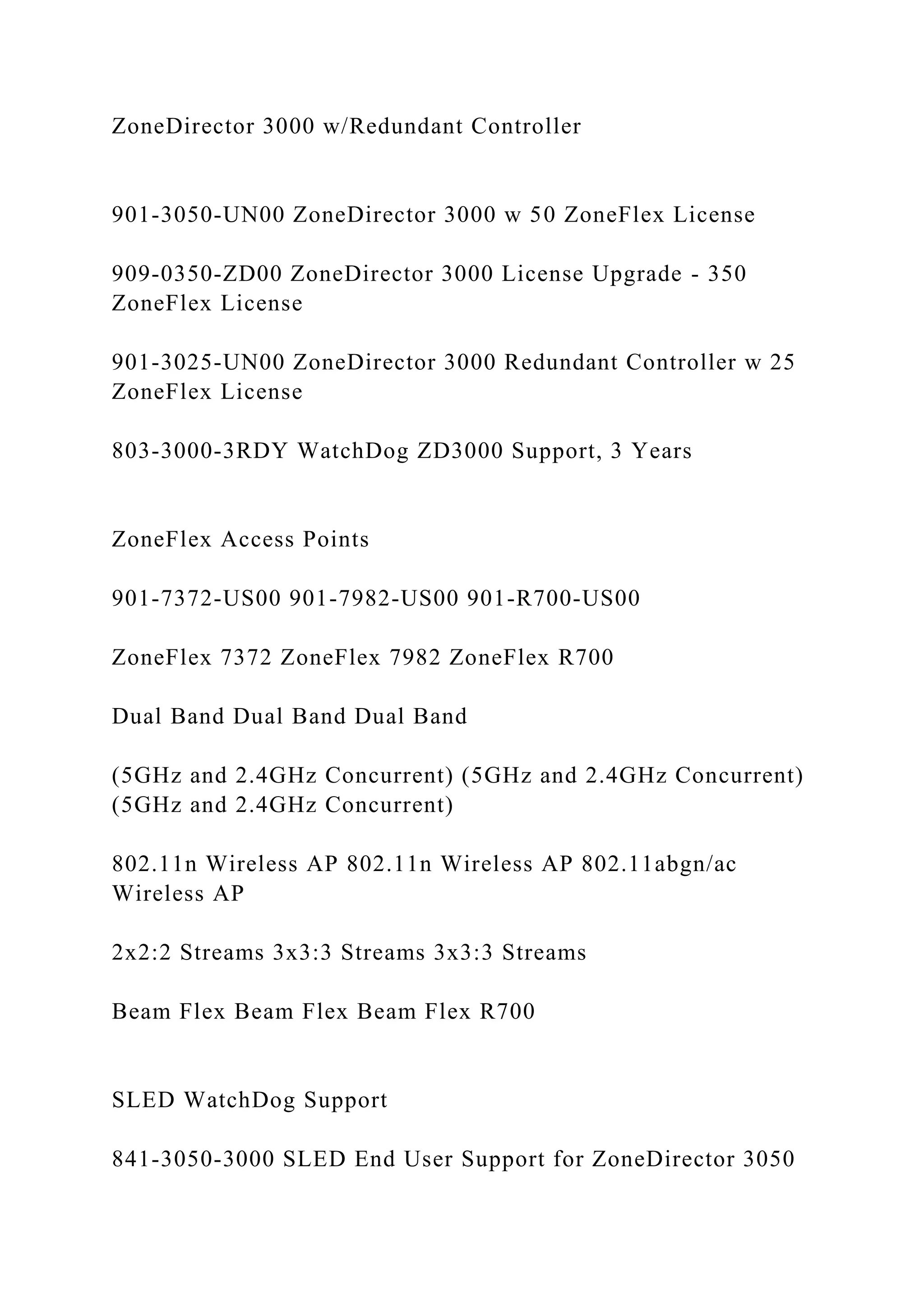 ZoneDirector 3000 w/Redundant Controller
901-3050-UN00 ZoneDirector 3000 w 50 ZoneFlex License
909-0350-ZD00 ZoneDirector 3000 License Upgrade - 350
ZoneFlex License
901-3025-UN00 ZoneDirector 3000 Redundant Controller w 25
ZoneFlex License
803-3000-3RDY WatchDog ZD3000 Support, 3 Years
ZoneFlex Access Points
901-7372-US00 901-7982-US00 901-R700-US00
ZoneFlex 7372 ZoneFlex 7982 ZoneFlex R700
Dual Band Dual Band Dual Band
(5GHz and 2.4GHz Concurrent) (5GHz and 2.4GHz Concurrent)
(5GHz and 2.4GHz Concurrent)
802.11n Wireless AP 802.11n Wireless AP 802.11abgn/ac
Wireless AP
2x2:2 Streams 3x3:3 Streams 3x3:3 Streams
Beam Flex Beam Flex Beam Flex R700
SLED WatchDog Support
841-3050-3000 SLED End User Support for ZoneDirector 3050
 