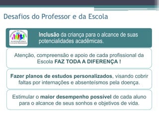 Inclusão da criança para o alcance de suas
potencialidades acadêmicas.
Socialização do escolar diante de suas
peculiaridades pessoais.
Participação ativa no tratamento, através de
contato estreito com o hospital.
Disseminação de conhecimentos sobre a
doença genética mais prevalente do Brasil.
Desafios do Professor e da Escola
Atenção, compreensão e apoio de cada profissional da
Escola FAZ TODA A DIFERENÇA !
Fazer planos de estudos personalizados, visando cobrir
faltas por internações e absenteísmos pela doença.
Estimular o maior desempenho possível de cada aluno
para o alcance de seus sonhos e objetivos de vida.
 