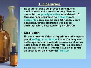1: Liberación  Es el primer paso del proceso en el que el medicamento entra en el cuerpo y libera el contenido del  principio activo  administrado. El fármaco debe separarse del  vehículo  o del  excipiente  con el que ha sido fabricado, y para algunos autores comprende tres pasos: desintegración, disgregación y disolución.  Disolución En una situación típica, al ingerir una tableta pasa por el  esófago  al  estómago . Por razón de que el estómago tiene un ambiente acuoso, es el primer lugar donde la tableta se disolverá. La velocidad de disolución es un elemento clave en el control de la duración del efecto del  fármaco 