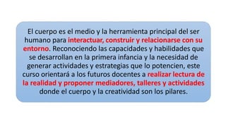 El cuerpo es el medio y la herramienta principal del ser
humano para interactuar, construir y relacionarse con su
entorno. Reconociendo las capacidades y habilidades que
se desarrollan en la primera infancia y la necesidad de
generar actividades y estrategias que lo potencien, este
curso orientará a los futuros docentes a realizar lectura de
la realidad y proponer mediadores, talleres y actividades
donde el cuerpo y la creatividad son los pilares.
 