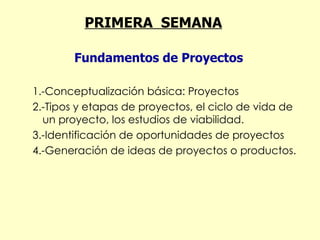 1.-Conceptualización básica: Proyectos 2.-Tipos y etapas de proyectos, el ciclo de vida de un proyecto, los estudios de viabilidad.  3.-Identificación de oportunidades de proyectos 4.-Generación de ideas de proyectos o productos. PRIMERA  SEMANA   Fundamentos de Proyectos 