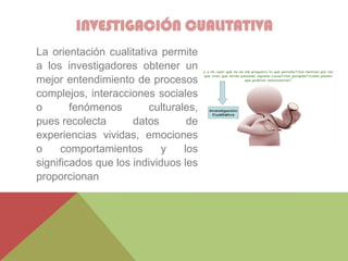INVESTIGACIÓN CUALITATIVA
La orientación cualitativa permite
a los investigadores obtener un
mejor entendimiento de procesos
complejos, interacciones sociales
o fenómenos culturales,
pues recolecta datos de
experiencias vividas, emociones
o comportamientos y los
significados que los individuos les
proporcionan
 