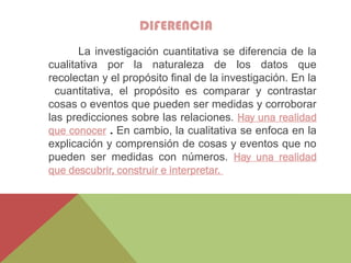 DIFERENCIA
La investigación cuantitativa se diferencia de la
cualitativa por la naturaleza de los datos que
recolectan y el propósito final de la investigación. En la
cuantitativa, el propósito es comparar y contrastar
cosas o eventos que pueden ser medidas y corroborar
las predicciones sobre las relaciones. Hay una realidad
que conocer . En cambio, la cualitativa se enfoca en la
explicación y comprensión de cosas y eventos que no
pueden ser medidas con números. Hay una realidad
que descubrir, construir e interpretar.
 