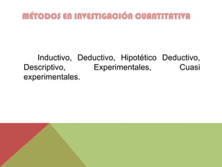 MÉTODOS EN INVESTIGACIÓN CUANTITATIVA
Inductivo, Deductivo, Hipotético Deductivo,
Descriptivo, Experimentales, Cuasi
experimentales.
 