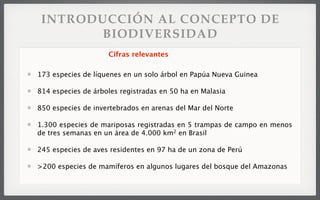 INTRODUCCIÓN AL CONCEPTO DE
BIODIVERSIDAD
173 especies de líquenes en un solo árbol en Papúa Nueva Guinea
814 especies de árboles registradas en 50 ha en Malasia
850 especies de invertebrados en arenas del Mar del Norte
1.300 especies de mariposas registradas en 5 trampas de campo en menos
de tres semanas en un área de 4.000 km2 en Brasil
245 especies de aves residentes en 97 ha de un zona de Perú
>200 especies de mamíferos en algunos lugares del bosque del Amazonas
Cifras relevantes
 
