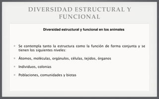 DIVERSIDAD ESTRUCTURAL Y
FUNCIONAL
Se contempla tanto la estructura como la función de forma conjunta y se
tienen los siguientes niveles:
Átomos, moléculas, orgánulos, células, tejidos, órganos
Individuos, colonias
Poblaciones, comunidades y biotas
Diversidad estructural y funcional en los animales
 
