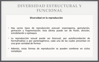 DIVERSIDAD ESTRUCTURAL Y
FUNCIONAL
Hay varios tipos de reproducción asexual: esporogonia, gemulación,
gemación y fragmentación; ésta última puede ser de ﬁsión, división,
estrobilación o epitoquia
La reproducción sexual puede ser bisexual, por autofecundación de
hermafroditas o por partenogénesis, cada una de las cuales presentan en
una gran variedad de formas
Además, estas formas de reproducción se pueden combinar en ciclos
complejos
Diversidad en la reproducción
 
