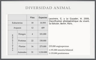 Filos Especies
Eubacterias 18 10.593
Arqueas 12 409
E
u
c
a
r
i
o
t
a
s
Hongos 4 101.000
Protistas 22 150.000
Plantas 16 275.000
Animales 31 1.210.000
Lecointre, G. y Le Guyader, H. 2006.
Classiﬁcation phylogénétique du vivant.
3a Edición. Berlin. París.
235.000 angiospermas
1.191.000 simetría bilateral
1.133.000 protóstomos
DIVERSIDAD ANIMAL
 
