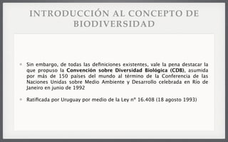 INTRODUCCIÓN AL CONCEPTO DE
BIODIVERSIDAD
Sin embargo, de todas las deﬁniciones existentes, vale la pena destacar la
que propuso la Convención sobre Diversidad Biológica (CDB), asumida
por más de 150 países del mundo al término de la Conferencia de las
Naciones Unidas sobre Medio Ambiente y Desarrollo celebrada en Río de
Janeiro en junio de 1992
Ratiﬁcada por Uruguay por medio de la Ley nº 16.408 (18 agosto 1993)
 