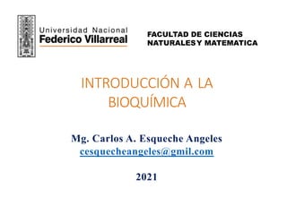 INTRODUCCIÓN A LA
BIOQUÍMICA
Mg. Carlos A. Esqueche Angeles
cesquecheangeles@gmil.com
2021
FACULTAD DE CIENCIAS
NATURALESY MATEMATICA
 