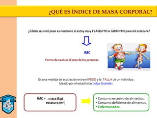 ¿QUÉ ES ÍNDICE DE MASA CORPORAL?


¿Cómo sé si mi peso es normal o si estoy muy FLAQUITO o GORDITO para mi estatura?




                                        IMC
           Forma de evaluar el peso de las personas.




      Es una medida de asociación entre el PESO y la TALLA de un individuo.
                    Ideado por el estadístico belga Quetelet



      IMC = masa (kg)                            • Consumo excesivo de alimentos.
           estatura (m2)                         • Consumo deficiente de alimentos.
                                                 • Enfermedades.
 
