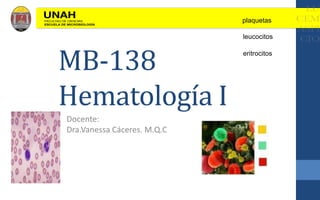 MB-138
Hematología I
Docente:
Dra.Vanessa Cáceres. M.Q.C
plaquetas
leucocitos
eritrocitos
 