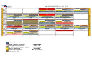Lunes 31 7 14 21 Modelo Op. y Pr. Mod. 3D Paramétrico 28 Diseño Social Mod. 3D Paramétrico
Martes 1 8 15 22 Artesanía y Producto 29 Taller de Reciclaje
Miércoles 2 9 16 Gestión Emprendedora Teoría y Semiótica del Diseño 23 Gestión Emprendedora Teoría y Semiótica del Diseño 30 Gestión Emprendedora Teoría y Semiótica del Diseño
Jueves 3 10 17 24 31
Viernes 4 11 18 25 1
Sábado 5 12 19 26 2
Domingo 6 13 20 27 3
Lunes 4 Taburete Mod. 3D Paramétrico 11 Taburete Mod. 3D Paramétrico 18 25 Modelo Op. y Pr. Mod. 3D Paramétrico
Martes 5 Taller de Reciclaje 12 Correcciones Reciclaje / Taburete 19 26 Objeto, regalo corp/Program. Viaje, minutas
Miércoles 6 Gestión Emprendedora Teoría y Semiótica del Diseño 13 Gestión Emprendedora Teoría y Semiótica del Diseño 20 Gestión Emprendedora Teoría y Semiótica del Diseño 27 Gestión Emprendedora Teoría y Semiótica del Diseño
Jueves 7 14 21 28
Viernes 8 15 22 29
Sábado 9 16 23 30
Domingo 10 17 24 1
Lunes 2 Preparación Viaje/ Cuota Mod. 3D Paramétrico 9 16 Modelo Op. y Pr. Mod. 3D Paramétrico 23 Modelo Op. y Pr. Mod. 3D Paramétrico
Martes 3 Prep. Viaje /charla observación, situarse.10 17 Vivencia/ método, prop.conceptual 24 Desarrollo propuesta individual
Miércoles 4 11 18 Gestión Emprendedora Teoría y Semiótica del Diseño 25 Gestión Emprendedora Teoría y Semiótica del Diseño
Jueves 5 12 19 26
Viernes 6 13 20 27
Sábado 7 14 21 28
Domingo 8 15 22 29
Lunes 30 Modelo Op. y Pr. Mod. 3D Paramétrico 6 Modelo Op. y Pr. Mod. 3D Paramétrico 13 Modelo Op. y Pr. Mod. 3D Paramétrico 20 Producción serie Mod. 3D Paramétrico 27 Packaging Mod. 3D Paramétrico
Martes 31 Desarrollo propuesta individual 7 Desarrollo formal grupal 14 Producción serie 21 Producción serie 28 Trabajo de Taller, detalles
Miércoles 1 8 Gestión Emprendedora Teoría y Semiótica del Diseño 15 Gestión Emprendedora Teoría y Semiótica del Diseño 22 Gestión Emprendedora Teoría y Semiótica del Diseño 29 Gestión Emprendedora Teoría y Semiótica del Diseño
Jueves 2 9 16 23 30
Viernes 3 10 17 24 1
Sábado 4 11 18 25 2
Domingo 5 12 19 26 3
Lunes 4 Packaging Mod. 3D Paramétrico 11 Packaging Mod. 3D Paramétrico 18 25
Martes 5 Lámina y Carpeta Técnica 12 Lámina y Carpeta Técnica 19 26
Miércoles 6 Gestión Emprendedora Teoría y Semiótica del Diseño 13 Gestión Emprendedora Teoría y Semiótica del Diseño 20 27
Jueves 7 14 21 28
Viernes 8 15 22 29
Sábado 9 16 23 30
Domingo 10 17 24 31
Comunicación Multimedial del Producto
Comunicación del producto
Patrimonio Cultural / Souvenir e Identidad Diseño Social
Semana 3Semana 1 Semana 2
Comunicación Multimedial del Producto
Comunicación Multimedial del Producto
Comunicación Multimedial del Producto Comunicación Multimedial del Producto
Comunicación Multimedial del Producto
Intervención y trabajo de campo / Preparación Viaje/cuota
AGOSTO
Receso
Feriado
Programa, objetivos y planificación + Maria Sanchez
Entrega Final Taburete / Entrega Final Reciclaje
OCTUBRE
Feriado
SEPTIEMBRE
Comunicación Multimedial del Producto Comunicación Multimedial del Producto
Taburete Taburete
Semana 11
Viaje de Taller Rural Comunicación Multimedial del Producto
Semana 4 Semana 5 Semana 6 Semana 7
Feriado
Comunicación Multimedial del Producto Comunicación Multimedial del Producto Comunicación Multimedial del Producto Comunicación Multimedial del Producto
Comunicación Multimedial del Producto
Desarrollo propuesta individual Feriado
Semana 8 Semana 9
NOVIEMBRE
Semana 12 Semana 13
Concurso de proyectos Desarrollo formal grupal / Producción serie Producción serie
DICIEMBRE
Semana 14 Semana 15
CALENDARIO ACADEMICO 2017, Taller Rural
SEGUNDOSEMESTRE
Feriado
Viaje de Taller Rural
Producción y Entrega de la Serie
Semana 16
Navidad
Semana 10
Feriado Comisión entrega Final
Video Promocional Video Promocional
Semana 17 Semana 18
Taller Rural
Modelo Operativo y Prototipado Gino Ormeño
Teoría y Semiótica del Diseño Isabel Leal
Comunicación Multimedial del Producto Javier Muñoz
Pilar Pardo
Alonso Rebolledo
Viaje de Taller Rural
Gestión Emprendedora
Modelado 3D Paramétrico
 