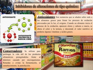 Inhibidores de alteraciones de tipo químico:
Antioxidantes: Son sustancias que se añaden sobre todo a
los alimentos grasos para frenar los procesos de oxidación
provocados por la luz, el oxígeno. Cuando un alimento inicia el
proceso de la oxidación, aparecen olores y sabores a rancio, se
altera el color y la textura, y desciende el valor nutritivo al
perderse algunas vitaminas y ácidos grasos.
Conservadores: Se utilizan para
prolongar la vida útil de los productos
alimenticios protegiéndolos frente al
deterioro causado por microrganismos.
Retardan o evitan la fermentación, el
enmohecimiento, la putrefacción.
 