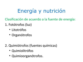 Energía y nutrición
Clasificación de acuerdo a la fuente de energía:
1. Fotótrofos (luz)
• Litotrófos
• Organótrofos
2. Quimiótrofos (fuentes químicas)
• Quimiolitrófos
• Quimioorganótrofos. 20
 