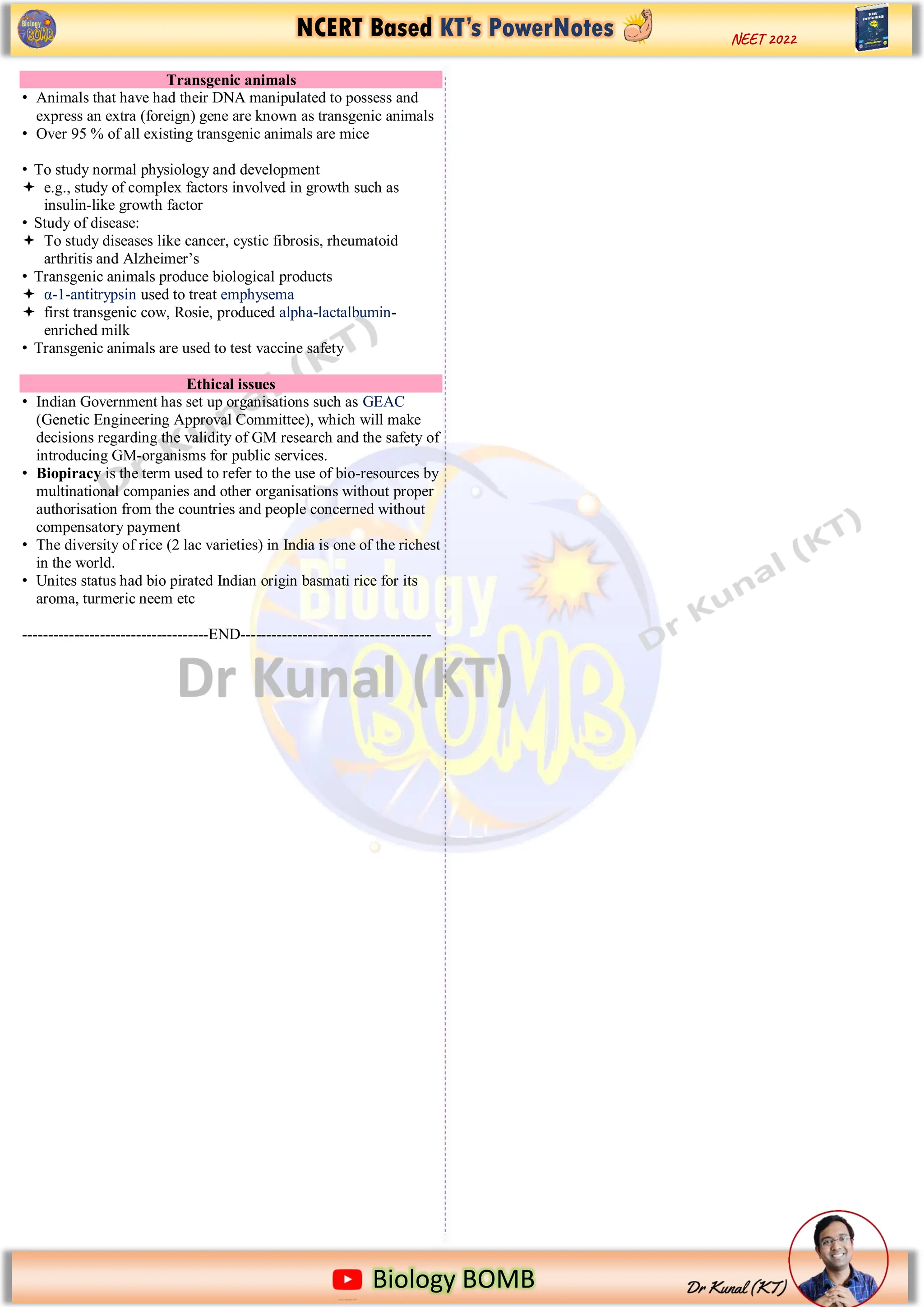NCERT Based KT’s PowerNotes
https://www.google.com/imgres?imgurl=https%3A%2F%2Fi.pinimg.com%2Foriginals%2F2b%2Fd5%2F13%2F2bd5136ecf91f8f079093
Biology BOMB
NEET 2022
Transgenic animals
• Animals that have had their DNA manipulated to possess and
express an extra (foreign) gene are known as transgenic animals
• Over 95 % of all existing transgenic animals are mice
• To study normal physiology and development
 e.g., study of complex factors involved in growth such as
insulin-like growth factor
• Study of disease:
 To study diseases like cancer, cystic fibrosis, rheumatoid
arthritis and Alzheimer’s
• Transgenic animals produce biological products
 α-1-antitrypsin used to treat emphysema
 first transgenic cow, Rosie, produced alpha-lactalbumin-
enriched milk
• Transgenic animals are used to test vaccine safety
Ethical issues
• Indian Government has set up organisations such as GEAC
(Genetic Engineering Approval Committee), which will make
decisions regarding the validity of GM research and the safety of
introducing GM-organisms for public services.
• Biopiracy is the term used to refer to the use of bio-resources by
multinational companies and other organisations without proper
authorisation from the countries and people concerned without
compensatory payment
• The diversity of rice (2 lac varieties) in India is one of the richest
in the world.
• Unites status had bio pirated Indian origin basmati rice for its
aroma, turmeric neem etc
------------------------------------END-------------------------------------
 