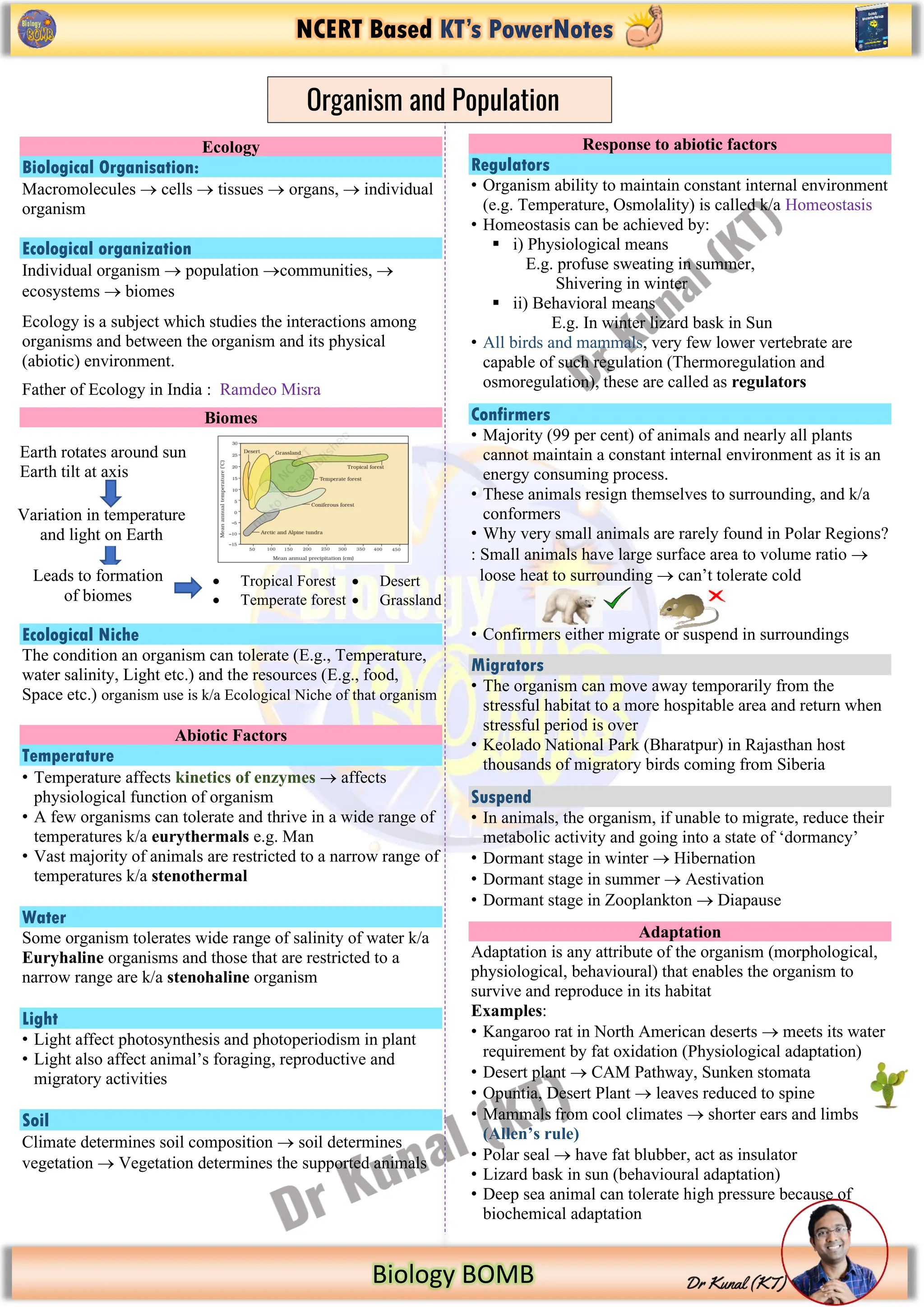 NCERT Based KT’s PowerNotes
https://www.google.com/imgres?imgurl=https%3A%2F%2Fi.pinimg.com%2Foriginals%2F2b%2Fd5%2F13%
Biology BOMB
Ecology
Biological Organisation:
Macromolecules → cells → tissues → organs, → individual
organism
Ecological organization
Individual organism → population →communities, →
ecosystems → biomes
Ecology is a subject which studies the interactions among
organisms and between the organism and its physical
(abiotic) environment.
Father of Ecology in India : Ramdeo Misra
Biomes
Ecological Niche
The condition an organism can tolerate (E.g., Temperature,
water salinity, Light etc.) and the resources (E.g., food,
Space etc.) organism use is k/a Ecological Niche of that organism
Abiotic Factors
Temperature
• Temperature affects kinetics of enzymes → affects
physiological function of organism
• A few organisms can tolerate and thrive in a wide range of
temperatures k/a eurythermals e.g. Man
• Vast majority of animals are restricted to a narrow range of
temperatures k/a stenothermal
Water
Some organism tolerates wide range of salinity of water k/a
Euryhaline organisms and those that are restricted to a
narrow range are k/a stenohaline organism
Light
• Light affect photosynthesis and photoperiodism in plant
• Light also affect animal’s foraging, reproductive and
migratory activities
Soil
Climate determines soil composition → soil determines
vegetation → Vegetation determines the supported animals
Response to abiotic factors
Regulators
• Organism ability to maintain constant internal environment
(e.g. Temperature, Osmolality) is called k/a Homeostasis
• Homeostasis can be achieved by:
▪ i) Physiological means
E.g. profuse sweating in summer,
Shivering in winter
▪ ii) Behavioral means
E.g. In winter lizard bask in Sun
• All birds and mammals, very few lower vertebrate are
capable of such regulation (Thermoregulation and
osmoregulation), these are called as regulators
Confirmers
• Majority (99 per cent) of animals and nearly all plants
cannot maintain a constant internal environment as it is an
energy consuming process.
• These animals resign themselves to surrounding, and k/a
conformers
• Why very small animals are rarely found in Polar Regions?
: Small animals have large surface area to volume ratio →
loose heat to surrounding → can’t tolerate cold
• Confirmers either migrate or suspend in surroundings
Migrators
• The organism can move away temporarily from the
stressful habitat to a more hospitable area and return when
stressful period is over
• Keolado National Park (Bharatpur) in Rajasthan host
thousands of migratory birds coming from Siberia
Suspend
• In animals, the organism, if unable to migrate, reduce their
metabolic activity and going into a state of ‘dormancy’
• Dormant stage in winter → Hibernation
• Dormant stage in summer → Aestivation
• Dormant stage in Zooplankton → Diapause
Adaptation
Adaptation is any attribute of the organism (morphological,
physiological, behavioural) that enables the organism to
survive and reproduce in its habitat
Examples:
• Kangaroo rat in North American deserts → meets its water
requirement by fat oxidation (Physiological adaptation)
• Desert plant → CAM Pathway, Sunken stomata
• Opuntia, Desert Plant → leaves reduced to spine
• Mammals from cool climates → shorter ears and limbs
(Allen’s rule)
• Polar seal → have fat blubber, act as insulator
• Lizard bask in sun (behavioural adaptation)
• Deep sea animal can tolerate high pressure because of
biochemical adaptation
Earth rotates around sun
Earth tilt at axis
Organism and Population
Variation in temperature
and light on Earth
Earth tilt at axis
Leads to formation
of biomes
Earth tilt at axis
• Desert
• Grassland
• Tropical Forest
• Temperate forest
 
