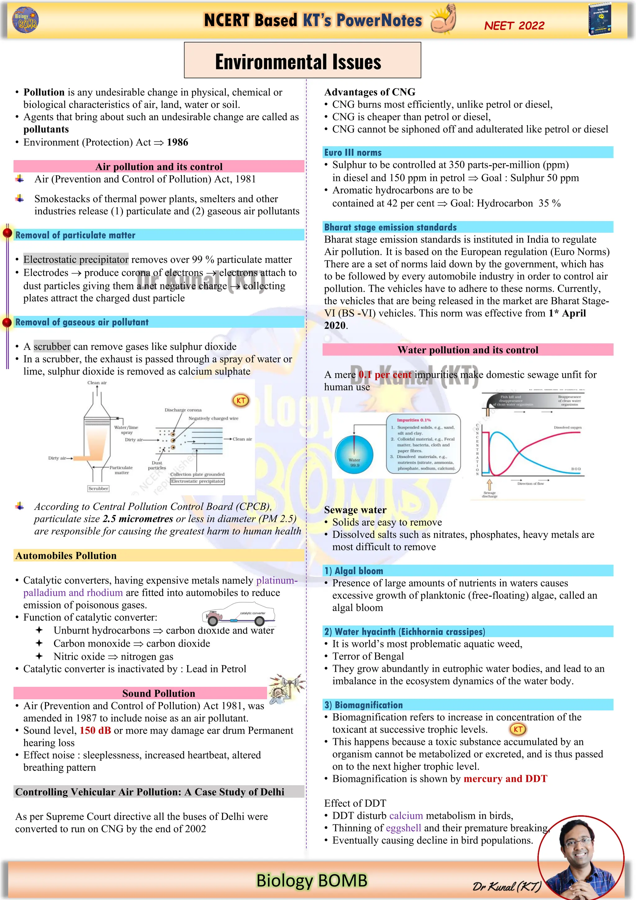 NCERT Based KT’s PowerNotes
Biology BOMB
NEET 2022
• Pollution is any undesirable change in physical, chemical or
biological characteristics of air, land, water or soil.
• Agents that bring about such an undesirable change are called as
pollutants
• Environment (Protection) Act  1986
Air pollution and its control
Air (Prevention and Control of Pollution) Act, 1981
Smokestacks of thermal power plants, smelters and other
industries release (1) particulate and (2) gaseous air pollutants
Removal of particulate matter
• Electrostatic precipitator removes over 99 % particulate matter
• Electrodes → produce corona of electrons → electrons attach to
dust particles giving them a net negative charge → collecting
plates attract the charged dust particle
Removal of gaseous air pollutant
• A scrubber can remove gases like sulphur dioxide
• In a scrubber, the exhaust is passed through a spray of water or
lime, sulphur dioxide is removed as calcium sulphate
According to Central Pollution Control Board (CPCB),
particulate size 2.5 micrometres or less in diameter (PM 2.5)
are responsible for causing the greatest harm to human health
Automobiles Pollution
• Catalytic converters, having expensive metals namely platinum-
palladium and rhodium are fitted into automobiles to reduce
emission of poisonous gases.
• Function of catalytic converter:
 Unburnt hydrocarbons  carbon dioxide and water
 Carbon monoxide  carbon dioxide
 Nitric oxide  nitrogen gas
• Catalytic converter is inactivated by : Lead in Petrol
Sound Pollution
• Air (Prevention and Control of Pollution) Act 1981, was
amended in 1987 to include noise as an air pollutant.
• Sound level, 150 dB or more may damage ear drum Permanent
hearing loss
• Effect noise : sleeplessness, increased heartbeat, altered
breathing pattern
Controlling Vehicular Air Pollution: A Case Study of Delhi
As per Supreme Court directive all the buses of Delhi were
converted to run on CNG by the end of 2002
Advantages of CNG
• CNG burns most efficiently, unlike petrol or diesel,
• CNG is cheaper than petrol or diesel,
• CNG cannot be siphoned off and adulterated like petrol or diesel
Euro III norms
• Sulphur to be controlled at 350 parts-per-million (ppm)
in diesel and 150 ppm in petrol  Goal : Sulphur 50 ppm
• Aromatic hydrocarbons are to be
contained at 42 per cent  Goal: Hydrocarbon 35 %
Bharat stage emission standards
Bharat stage emission standards is instituted in India to regulate
Air pollution. It is based on the European regulation (Euro Norms)
There are a set of norms laid down by the government, which has
to be followed by every automobile industry in order to control air
pollution. The vehicles have to adhere to these norms. Currently,
the vehicles that are being released in the market are Bharat Stage-
VI (BS -VI) vehicles. This norm was effective from 1* April
2020.
Water pollution and its control
A mere 0.1 per cent impurities make domestic sewage unfit for
human use
Sewage water
• Solids are easy to remove
• Dissolved salts such as nitrates, phosphates, heavy metals are
most difficult to remove
1) Algal bloom
• Presence of large amounts of nutrients in waters causes
excessive growth of planktonic (free-floating) algae, called an
algal bloom
2) Water hyacinth (Eichhornia crassipes)
• It is world’s most problematic aquatic weed,
• Terror of Bengal
• They grow abundantly in eutrophic water bodies, and lead to an
imbalance in the ecosystem dynamics of the water body.
3) Biomagnification
• Biomagnification refers to increase in concentration of the
toxicant at successive trophic levels.
• This happens because a toxic substance accumulated by an
organism cannot be metabolized or excreted, and is thus passed
on to the next higher trophic level.
• Biomagnification is shown by mercury and DDT
Effect of DDT
• DDT disturb calcium metabolism in birds,
• Thinning of eggshell and their premature breaking,
• Eventually causing decline in bird populations.
Environmental Issues
 