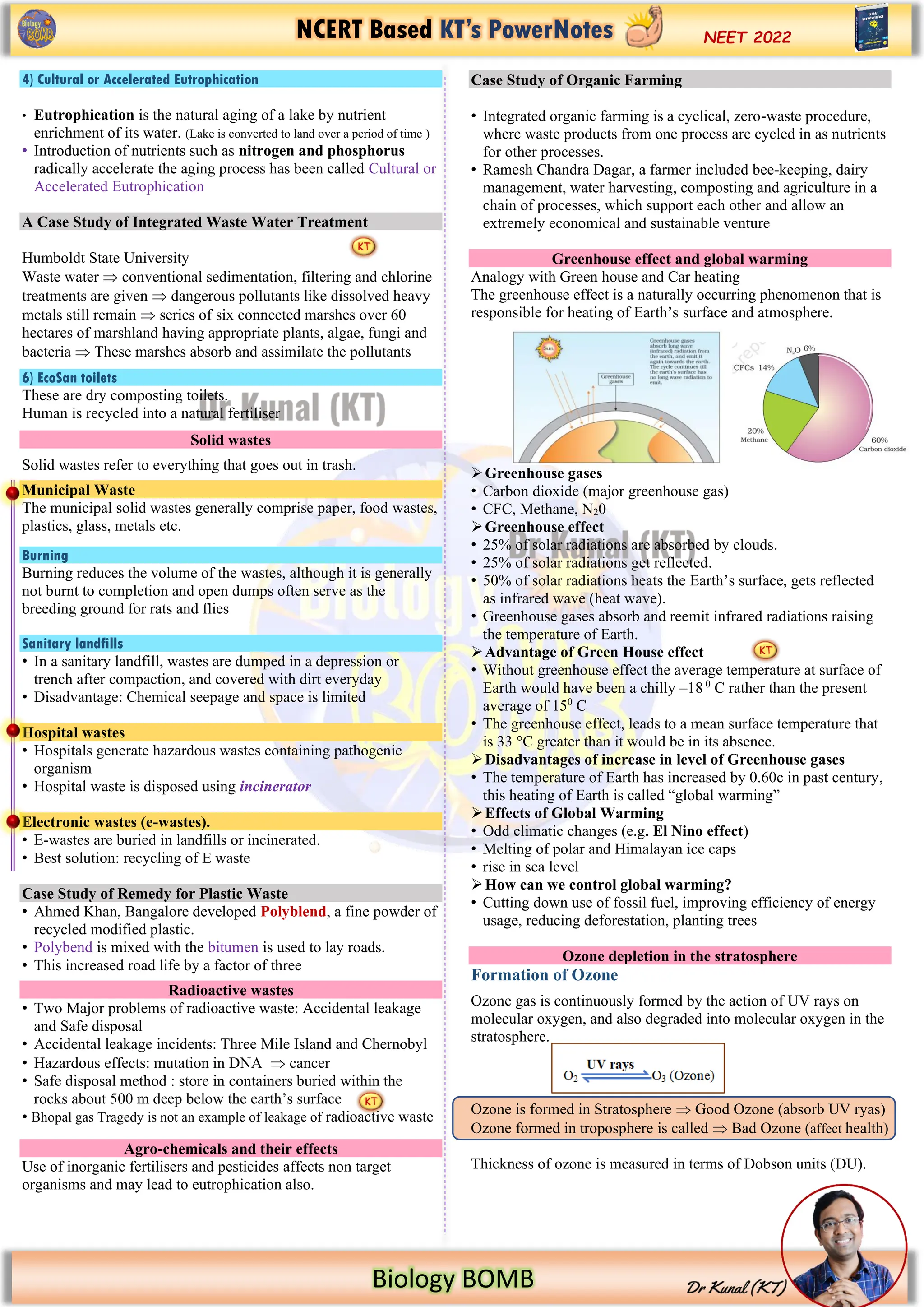 NCERT Based KT’s PowerNotes
Biology BOMB
NEET 2022
4) Cultural or Accelerated Eutrophication
• Eutrophication is the natural aging of a lake by nutrient
enrichment of its water. (Lake is converted to land over a period of time )
• Introduction of nutrients such as nitrogen and phosphorus
radically accelerate the aging process has been called Cultural or
Accelerated Eutrophication
A Case Study of Integrated Waste Water Treatment
Humboldt State University
Waste water  conventional sedimentation, filtering and chlorine
treatments are given  dangerous pollutants like dissolved heavy
metals still remain  series of six connected marshes over 60
hectares of marshland having appropriate plants, algae, fungi and
bacteria  These marshes absorb and assimilate the pollutants
6) EcoSan toilets
These are dry composting toilets.
Human is recycled into a natural fertiliser
Solid wastes
Solid wastes refer to everything that goes out in trash.
Municipal Waste
The municipal solid wastes generally comprise paper, food wastes,
plastics, glass, metals etc.
Burning
Burning reduces the volume of the wastes, although it is generally
not burnt to completion and open dumps often serve as the
breeding ground for rats and flies
Sanitary landfills
• In a sanitary landfill, wastes are dumped in a depression or
trench after compaction, and covered with dirt everyday
• Disadvantage: Chemical seepage and space is limited
Hospital wastes
• Hospitals generate hazardous wastes containing pathogenic
organism
• Hospital waste is disposed using incinerator
Electronic wastes (e-wastes).
• E-wastes are buried in landfills or incinerated.
• Best solution: recycling of E waste
Case Study of Remedy for Plastic Waste
• Ahmed Khan, Bangalore developed Polyblend, a fine powder of
recycled modified plastic.
• Polybend is mixed with the bitumen is used to lay roads.
• This increased road life by a factor of three
Radioactive wastes
• Two Major problems of radioactive waste: Accidental leakage
and Safe disposal
• Accidental leakage incidents: Three Mile Island and Chernobyl
• Hazardous effects: mutation in DNA  cancer
• Safe disposal method : store in containers buried within the
rocks about 500 m deep below the earth’s surface
• Bhopal gas Tragedy is not an example of leakage of radioactive waste
Agro-chemicals and their effects
Use of inorganic fertilisers and pesticides affects non target
organisms and may lead to eutrophication also.
Case Study of Organic Farming
• Integrated organic farming is a cyclical, zero-waste procedure,
where waste products from one process are cycled in as nutrients
for other processes.
• Ramesh Chandra Dagar, a farmer included bee-keeping, dairy
management, water harvesting, composting and agriculture in a
chain of processes, which support each other and allow an
extremely economical and sustainable venture
Greenhouse effect and global warming
Analogy with Green house and Car heating
The greenhouse effect is a naturally occurring phenomenon that is
responsible for heating of Earth’s surface and atmosphere.
➢Greenhouse gases
• Carbon dioxide (major greenhouse gas)
• CFC, Methane, N20
➢Greenhouse effect
• 25% of solar radiations are absorbed by clouds.
• 25% of solar radiations get reflected.
• 50% of solar radiations heats the Earth’s surface, gets reflected
as infrared wave (heat wave).
• Greenhouse gases absorb and reemit infrared radiations raising
the temperature of Earth.
➢Advantage of Green House effect
• Without greenhouse effect the average temperature at surface of
Earth would have been a chilly –18 0
C rather than the present
average of 150
C
• The greenhouse effect, leads to a mean surface temperature that
is 33 °C greater than it would be in its absence.
➢Disadvantages of increase in level of Greenhouse gases
• The temperature of Earth has increased by 0.60c in past century,
this heating of Earth is called “global warming”
➢Effects of Global Warming
• Odd climatic changes (e.g. El Nino effect)
• Melting of polar and Himalayan ice caps
• rise in sea level
➢How can we control global warming?
• Cutting down use of fossil fuel, improving efficiency of energy
usage, reducing deforestation, planting trees
Ozone depletion in the stratosphere
Formation of Ozone
Ozone gas is continuously formed by the action of UV rays on
molecular oxygen, and also degraded into molecular oxygen in the
stratosphere.
Ozone is formed in Stratosphere  Good Ozone (absorb UV ryas)
Ozone formed in troposphere is called  Bad Ozone (affect health)
Thickness of ozone is measured in terms of Dobson units (DU).
 