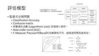 評估模型
• 監督式分類問題
• Classification Accuracy
• Confusion matrix
• 對數損失函數 (Logarithmic Loss): 該值越小越好。
• Area under curve (AUC)
• F-Measure: Precision和Recall的加權調和平均，越高證明模型越有效。
17
比較在意預測正向 = Precision
比較在意實際正向 = Sensitivity (Recall)
 