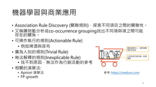 機器學習與商業應用
• Association Rule Discovery (關聯規則)，探索不同項目之間的關聯性。
• 又稱購物籃分析或co-occurrence grouping找出不同項與項之間可能
存在的關係。
• 可操作執行的規則(Actionable Rule)
• 例如啤酒與尿布
• 廣為人知的規則(Trivial Rule)
• 無法解釋的規則(Inexplicable Rule)
• 找不到原因，無法作為行銷活動的參考
• 相關的演算法:
• Apriori 演算法
• FP-growth
49
參考: https://medium.com
 