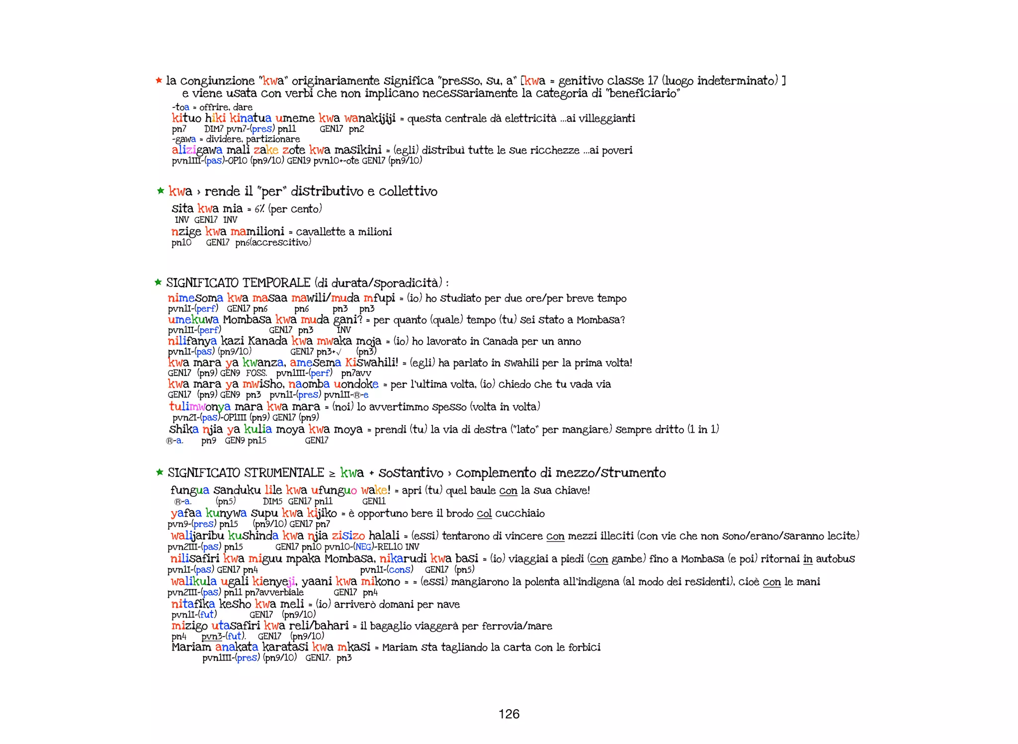 126
* la congiunzione “kwa” originariamente significa “presso, su, a” [kwa = genitivo classe 17 (luogo indeterminato) ]
e viene usata con verbi che non implicano necessariamente la categoria di “beneficiario”
-toa = offrire, dare
kituo hiki kinatua umeme kwa wanakijiji = questa centrale dà elettricità …ai villeggianti
pn7 DIM7 pvn7-(pres) pn11 GEN17 pn2
-gawa = dividere, partizionare
alizigawa mali zake zote kwa masikini = (egli) distribuì tutte le sue ricchezze …ai poveri
pvn1III-(pas)-OP10 (pn9/10) GEN19 pvn10+-ote GEN17 (pn9/10)
* SIGNIF ICATO TEMPORALE (di durata/sporadicità) :
nimesoma kwa masaa mawili/muda mfupi = (io) ho studiato per due ore/per breve tempo
pvn1I-(perf) GEN17 pn6 pn6 pn3 pn3
umekuwa Mombasa kwa muda gani? = per quanto (quale) tempo (tu) sei stato a Mombasa?
pvn1II-(perf) GEN17 pn3 INV
nilifanya kazi Kanada kwa mwaka moja = (io) ho lavorato in Canada per un anno
pvn1I-(pas) (pn9/10) GEN17 pn3+√ (pn3)
kwa mara ya kwanza, amesema Kiswahili! = (egli) ha parlato in swahili per la prima volta!
GEN17 (pn9) GEN9 FOSS. pvn1III-(perf) pn7avv
kwa mara ya mwisho, naomba uondoke = per l’ultima volta, (io) chiedo che tu vada via
GEN17 (pn9) GEN9 pn3 pvn1I-(pres) pvn1II-Ⓡ-e
tulimwonya mara kwa mara = (noi) lo avvertimmo spesso (volta in volta)
pvn2I-(pas)-OP1III (pn9) GEN17 (pn9)
shika njia ya kulia moya kwa moya = prendi (tu) la via di destra (“lato” per mangiare) sempre dritto (1 in 1)
Ⓡ-a. pn9 GEN9 pn15 GEN17
* kwa > rende il “per” distributivo e collettivo
sita kwa mia = 6% (per cento)
INV GEN17 INV
nzige kwa mamilioni = cavallette a milioni
pn10 GEN17 pn6(accrescitivo)
* SIGNIF ICATO STRUMENTALE ≥ kwa + sostantivo > complemento di mezzo/strumento
fungua sanduku lile kwa ufunguo wake! = apri (tu) quel baule con la sua chiave!
Ⓡ-a. (pn5) DIM5 GEN17 pn11 GEN11
yafaa kunywa supu kwa kijiko = è opportuno bere il brodo col cucchiaio
pvn9-(pres) pn15 (pn9/10) GEN17 pn7
walijaribu kushinda kwa njia zisizo halali = (essi) tentarono di vincere con mezzi illeciti (con vie che non sono/erano/saranno lecite)
pvn2III-(pas) pn15 GEN17 pn10 pvn10-(NEG)-REL10 INV
nilisafiri kwa miguu mpaka Mombasa, nikarudi kwa basi = (io) viaggiai a piedi (con gambe) fino a Mombasa (e poi) ritornai in autobus
pvn1I-(pas) GEN17 pn4 pvn1I-(cons) GEN17 (pn5)
walikula ugali kienyeji, yaani kwa mikono = = (essi) mangiarono la polenta all’indigena (al modo dei residenti), cioè con le mani
pvn2III-(pas) pn11 pn7avverbiale GEN17 pn4
nitafika kesho kwa meli = (io) arriverò domani per nave
pvn1I-(fut) GEN17 (pn9/10)
mizigo utasafiri kwa reli/bahari = il bagaglio viaggerà per ferrovia/mare
pn4 pvn3-(fut). GEN17 (pn9/10)
Mariam anakata karatasi kwa mkasi = Mariam sta tagliando la carta con le forbici
pvn1III-(pres) (pn9/10) GEN17. pn3
 
