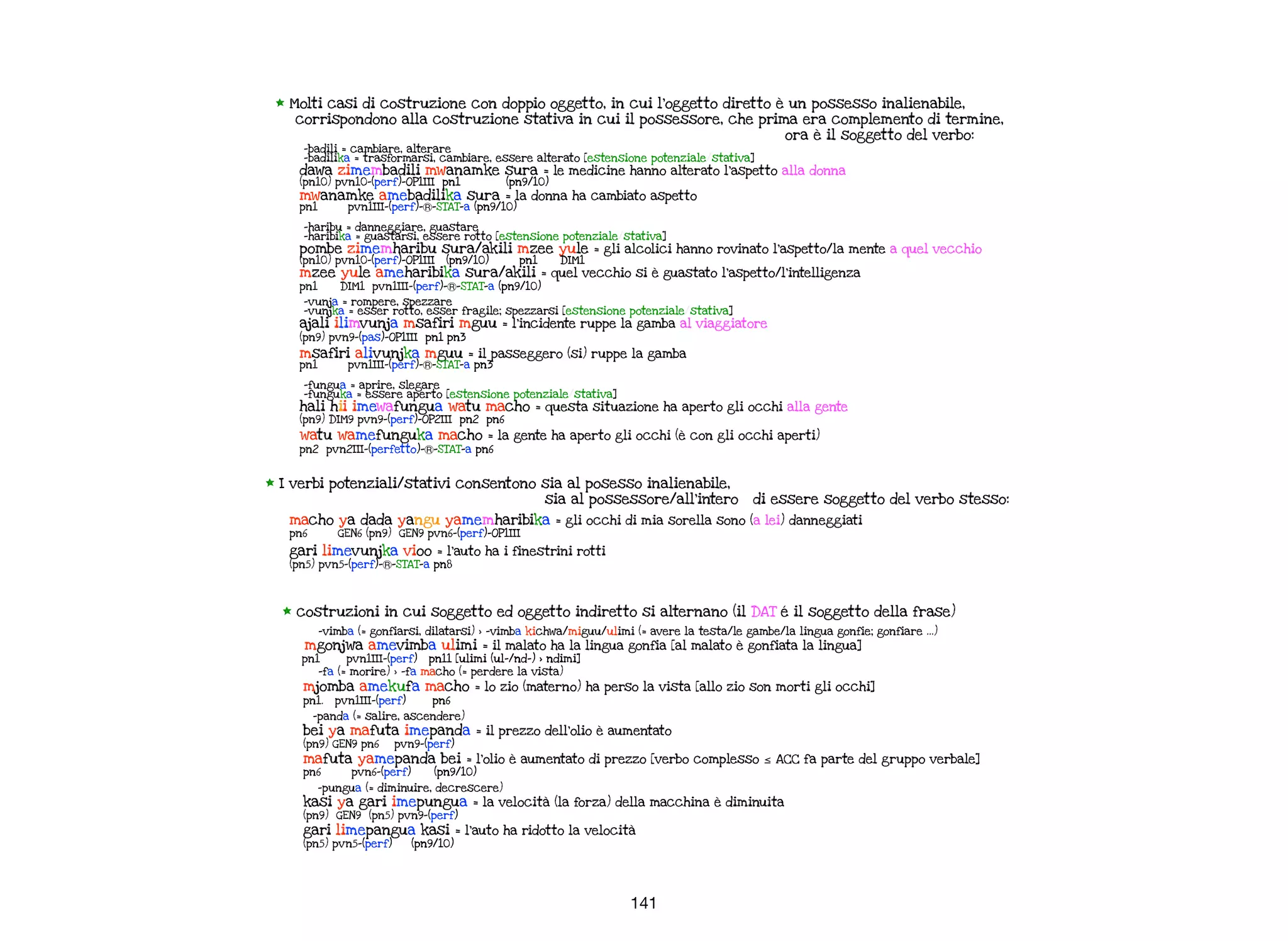 141
* Molti casi di costruzione con doppio oggetto, in cui l’oggetto diretto è un possesso inalienabile,
corrispondono alla costruzione stativa in cui il possessore, che prima era complemento di termine,
ora è il soggetto del verbo:
-badili = cambiare, alterare
-badilika = trasformarsi, cambiare, essere alterato [estensione potenziale/stativa]
dawa zimembadili mwanamke sura = le medicine hanno alterato l’aspetto alla donna
(pn10) pvn10-(perf)-OP1III pn1 (pn9/10)
mwanamke amebadilika sura = la donna ha cambiato aspetto
pn1 pvn1III-(perf)-Ⓡ-STAT-a (pn9/10)
-haribu = danneggiare, guastare
-haribika = guastarsi, essere rotto [estensione potenziale/stativa]
pombe zimemharibu sura/akili mzee yule = gli alcolici hanno rovinato l’aspetto/la mente a quel vecchio
(pn10) pvn10-(perf)-OP1III (pn9/10) pn1 DIM1
mzee yule ameharibika sura/akili = quel vecchio si è guastato l’aspetto/l’intelligenza
pn1 DIM1 pvn1III-(perf)-Ⓡ-STAT-a (pn9/10)
-vunja = rompere, spezzare
-vunjka = esser rotto, esser fragile; spezzarsi [estensione potenziale/stativa]
ajali ilimvunja msafiri mguu = l’incidente ruppe la gamba al viaggiatore
(pn9) pvn9-(pas)-OP1III pn1 pn3
msafiri alivunjka mguu = il passeggero (si) ruppe la gamba
pn1 pvn1III-(perf)-Ⓡ-STAT-a pn3
-fungua = aprire, slegare
-funguka = essere aperto [estensione potenziale/stativa]
hali hii imewafungua watu macho = questa situazione ha aperto gli occhi alla gente
(pn9) DIM9 pvn9-(perf)-OP2III pn2 pn6
watu wamefunguka macho = la gente ha aperto gli occhi (è con gli occhi aperti)
pn2 pvn2III-(perfetto)-Ⓡ-STAT-a pn6
* I verbi potenziali/stativi consentono sia al posesso inalienabile,
sia al possessore/all’intero di essere soggetto del verbo stesso:
macho ya dada yangu yamemharibika = gli occhi di mia sorella sono (a lei) danneggiati
pn6 GEN6 (pn9) GEN9 pvn6-(perf)-OP1III
gari limevunjka vioo = l’auto ha i finestrini rotti
(pn5) pvn5-(perf)-Ⓡ-STAT-a pn8
* costruzioni in cui soggetto ed oggetto indiretto si alternano (il DAT é il soggetto della frase)
-vimba (= gonfiarsi, dilatarsi) > -vimba kichwa/miguu/ulimi (= avere la testa/le gambe/la lingua gonfie; gonfiare …)
mgonjwa amevimba ulimi = il malato ha la lingua gonfia [al malato è gonfiata la lingua]
pn1 pvn1III-(perf) pn11 [ulimi (ul-/nd-) > ndimi]
-fa (= morire) > -fa macho (= perdere la vista)
mjomba amekufa macho = lo zio (materno) ha perso la vista [allo zio son morti gli occhi]
pn1. pvn1III-(perf) pn6
-panda (= salire, ascendere)
bei ya mafuta imepanda = il prezzo dell’olio è aumentato
(pn9) GEN9 pn6 pvn9-(perf)
mafuta yamepanda bei = l’olio è aumentato di prezzo [verbo complesso ≤ ACC fa parte del gruppo verbale]
pn6 pvn6-(perf) (pn9/10)
-pungua (= diminuire, decrescere)
kasi ya gari imepungua = la velocità (la forza) della macchina è diminuita
(pn9) GEN9 (pn5) pvn9-(perf)
gari limepangua kasi = l’auto ha ridotto la velocità
(pn5) pvn5-(perf) (pn9/10)
 