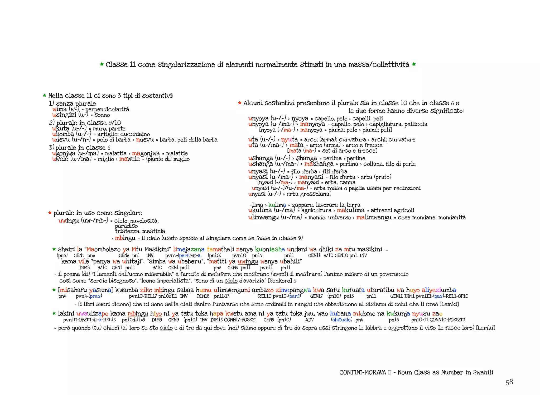 58
* Nella classe 11 ci sono 3 tipi di sostantivi:
1) senza plurale
wima (w-) = perpendicolarità
usingizi (u-) = sonno
2) plurale in classe 9/10
ukuta (u-/-) = muro, parete
ukomba (u-/-) = artiglio; cucchiaino
udevu (u-/n-) = pelo di barba > ndevu = barba; peli della barba
3) plurale in classe 6
ugonjwa (u-/ma) = malattia > magonjwa = malattie
uwele (u-/ma) = miglio > mawele = (piante di) miglio
* Classe 11 come singolarizzazione di elementi normalmente stimati in una massa/collettività *
* shairi la “Maombolezo ya Mtu Masikini” limejazana tamathali zenye kuoniesha undani wa dhiki za mtu masikini …
(pn5) GEN5 pn6 GEN6 pn1 INV. pvn5-(perf)-Ⓡ-a. (pn10) pvn10 pn15 pn11 GEN11 9/10 GEN10 pn1. INV
kama vile “panya wa uhitaji”, “simba wa ubeberu”, “matiti ya uwingu wenye ubahili”
DIM8 9/10 GEN1 pn11 9/10 GEN1 pn11 pn6 GEN6 pn11 pvn11 pn11
= il poema (di) “I lamenti dell’uomo miserabile” è farcito di metafore che mostrano (aventi il mostrare) l’animo misero di un poveraccio
così come “sorcio bisognoso”, “leone imperialista”, “seno di un cielo d’avarizia” [Senkoro] 6
* [misahafu yasema] kwamba ziko mbingu sabaa humu ulimwenguni ambazo zimepangwa kwa safu kufuata utaratibu wa huyo aliyeziumba
pn4 pvn4-(pres) pvn10-REL17 pn10di11 INV DIM18 pn11>17 REL10 pvn10-(perf) GEN17 (pn10) pn15 pn11 GEN11 DIM1 pvn1III-(pas)-REL1-OP10
= [i libri sacri dicono] che ci sono sette cieli dentro l’universo che sono ordinati in ranghi che obbediscono al sistema di colui che li creó [Lemki]
* lakini uwaulizapo kama mbingu hiyo ni ya tatu toka hapa kwetu ama ni ya tatu toka juu, wao hubana midomo na kukunja nyusu zao
pvn1II-OP2III-Ⓡ-a-REL16 pn10di11=9 DIM9 GEN9 (pn10) INV DIM16 CONN17-POSS2I GEN9 (pn10) ADV (abituale) pn4 pn15 pn10+11 CONN10-POSS2III
= però quando (tu) chiedi (a) loro se sto cielo è di tre da qui dove (noi) siamo oppure di tre da sopra essi stringono le labbra e aggrottano il viso (le facce loro) [Lemki]
* plurale in uso come singolare
uwingu (uw-/mb-) = cielo; nuvolosità;
paradiso
tristezza, mestizia
> mbingu = il cielo (usato spesso al singolare come se fosse in classe 9)
CONT INI-MORAVA E - Noun Class as Number in Swahili
* Alcuni sostantivi presentano il plurale sia in classe 10 che in classe 6 e
le due forme hanno diverso significato:
unyoya (u-/-) > nyoya = capello, pelo > capelli, peli
unyoya (u-/ma-) > manyoya = capello, pelo > capigliatura, pelliccia
[nyoya (-/ma-) > manyoya = piuma; pelo > piume; peli]
uta (u-/-) > nyuta = arco; (arma); curvatura > archi; curvature
uta (u-/ma-) > mata = arco (arma) > arco e frecce
[mata (ma-) = set di arco e frecce]
ushanga (u-/-) > shanga = perlina > perline
ushanga (u-/ma-) > mashanga = perlina > collana, filo di perle
unyasi (u-/-) = filo d’erba > fili d’erba
unyasi (u-/ma-) > manyasi = filo d’erba > erba (prato)
[nyasi (-/ma-) > manyasi = erba, canna
unyasi (u-/-)/(u-/ma-) = erba rossa o paglia usata per recinzioni
unyasi (u-/-) = erba grossolana]
-lima > kulima = zappare, lavorare la terra
ukulima (u-/ma) = agricoltura > makulima = attrezzi agricoli
ulimwengu (u-/ma) = mondo, universo > malimwengu = cose mondane, mondanità
 