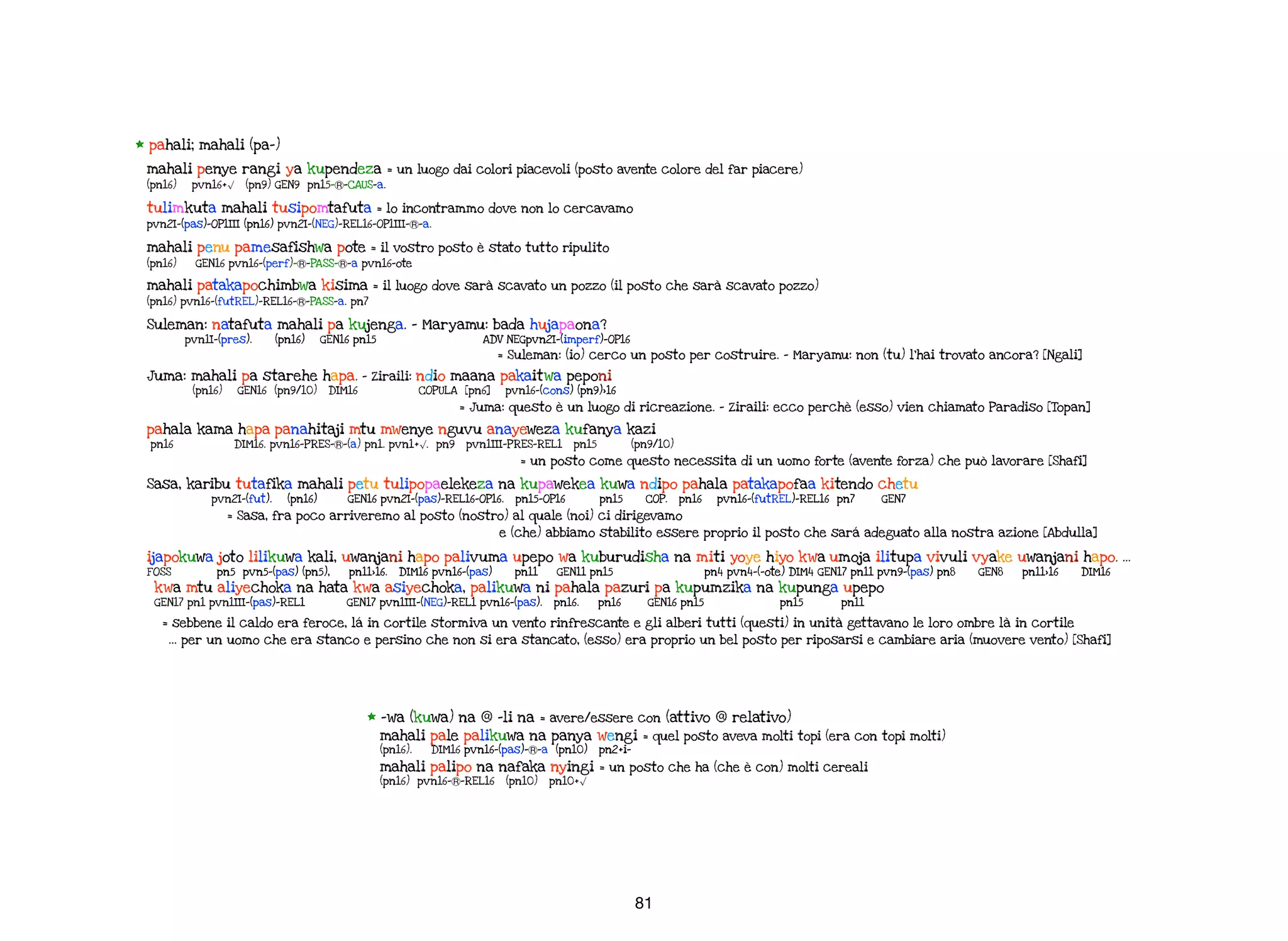 81
* -wa (kuwa) na @ -li na = avere/essere con (attivo @ relativo)
mahali pale palikuwa na panya wengi = quel posto aveva molti topi (era con topi molti)
(pn16). DIM16 pvn16-(pas)-Ⓡ-a (pn10) pn2+i-
mahali palipo na nafaka nyingi = un posto che ha (che è con) molti cereali
(pn16) pvn16-Ⓡ-REL16 (pn10) pn10+√
* pahali; mahali (pa-)
mahali penye rangi ya kupendeza = un luogo dai colori piacevoli (posto avente colore del far piacere)
(pn16) pvn16+√ (pn9) GEN9 pn15-Ⓡ-CAUS-a.
tulimkuta mahali tusipomtafuta = lo incontrammo dove non lo cercavamo
pvn2I-(pas)-OP1III (pn16) pvn2I-(NEG)-REL16-OP1III-Ⓡ-a.
mahali penu pamesafishwa pote = il vostro posto è stato tutto ripulito
(pn16) GEN16 pvn16-(perf)-Ⓡ-PASS-Ⓡ-a pvn16-ote
mahali patakapochimbwa kisima = il luogo dove sarà scavato un pozzo (il posto che sarà scavato pozzo)
(pn16) pvn16-(futREL)-REL16-Ⓡ-PASS-a. pn7
Suleman: natafuta mahali pa kujenga. - Maryamu: bada hujapaona?
pvn1I-(pres). (pn16) GEN16 pn15 ADV NEGpvn2I-(imperf)-OP16
= Suleman: (io) cerco un posto per costruire. - Maryamu: non (tu) l’hai trovato ancora? [Ngali]
Juma: mahali pa starehe hapa. - Ziraili: ndio maana pakaitwa peponi
(pn16) GEN16 (pn9/10) DIM16 COPULA [pn6] pvn16-(cons) (pn9)>16
= Juma: questo è un luogo di ricreazione. - Ziraili: ecco perchè (esso) vien chiamato Paradiso [Topan]
pahala kama hapa panahitaji mtu mwenye nguvu anayeweza kufanya kazi
pn16 DIM16. pvn16-PRES-Ⓡ-(a) pn1. pvn1+√. pn9 pvn1III-PRES-REL1 pn15 (pn9/10)
= un posto come questo necessita di un uomo forte (avente forza) che può lavorare [Shafi]
Sasa, karibu tutafika mahali petu tulipopaelekeza na kupawekea kuwa ndipo pahala patakapofaa kitendo chetu
pvn2I-(fut). (pn16) GEN16 pvn2I-(pas)-REL16-OP16. pn15-OP16 pn15 COP. pn16 pvn16-(futREL)-REL16 pn7 GEN7
= Sasa, fra poco arriveremo al posto (nostro) al quale (noi) ci dirigevamo
e (che) abbiamo stabilito essere proprio il posto che sará adeguato alla nostra azione [Abdulla]
ijapokuwa joto lilikuwa kali, uwanjani hapo palivuma upepo wa kuburudisha na miti yoye hiyo kwa umoja ilitupa vivuli vyake uwanjani hapo. …
FOSS pn5 pvn5-(pas) (pn5), pn11>16. DIM16 pvn16-(pas) pn11 GEN11 pn15 pn4 pvn4-(-ote) DIM4 GEN17 pn11 pvn9-(pas) pn8 GEN8 pn11>16 DIM16
kwa mtu aliyechoka na hata kwa asiyechoka, palikuwa ni pahala pazuri pa kupumzika na kupunga upepo
GEN17 pn1 pvn1III-(pas)-REL1 GEN17 pvn1III-(NEG)-REL1 pvn16-(pas). pn16. pn16 GEN16 pn15 pn15 pn11
= sebbene il caldo era feroce, lá in cortile stormiva un vento rinfrescante e gli alberi tutti (questi) in unità gettavano le loro ombre là in cortile
… per un uomo che era stanco e persino che non si era stancato, (esso) era proprio un bel posto per riposarsi e cambiare aria (muovere vento) [Shafi]
 