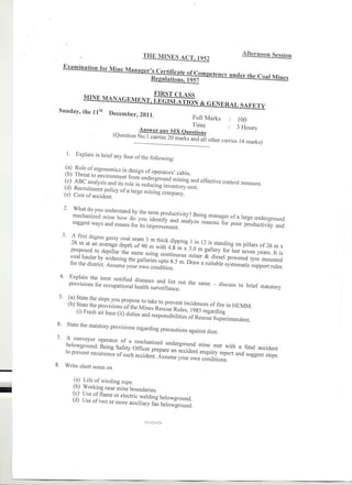 first class mine manager EXAM (UR)   legislation question paper 2011