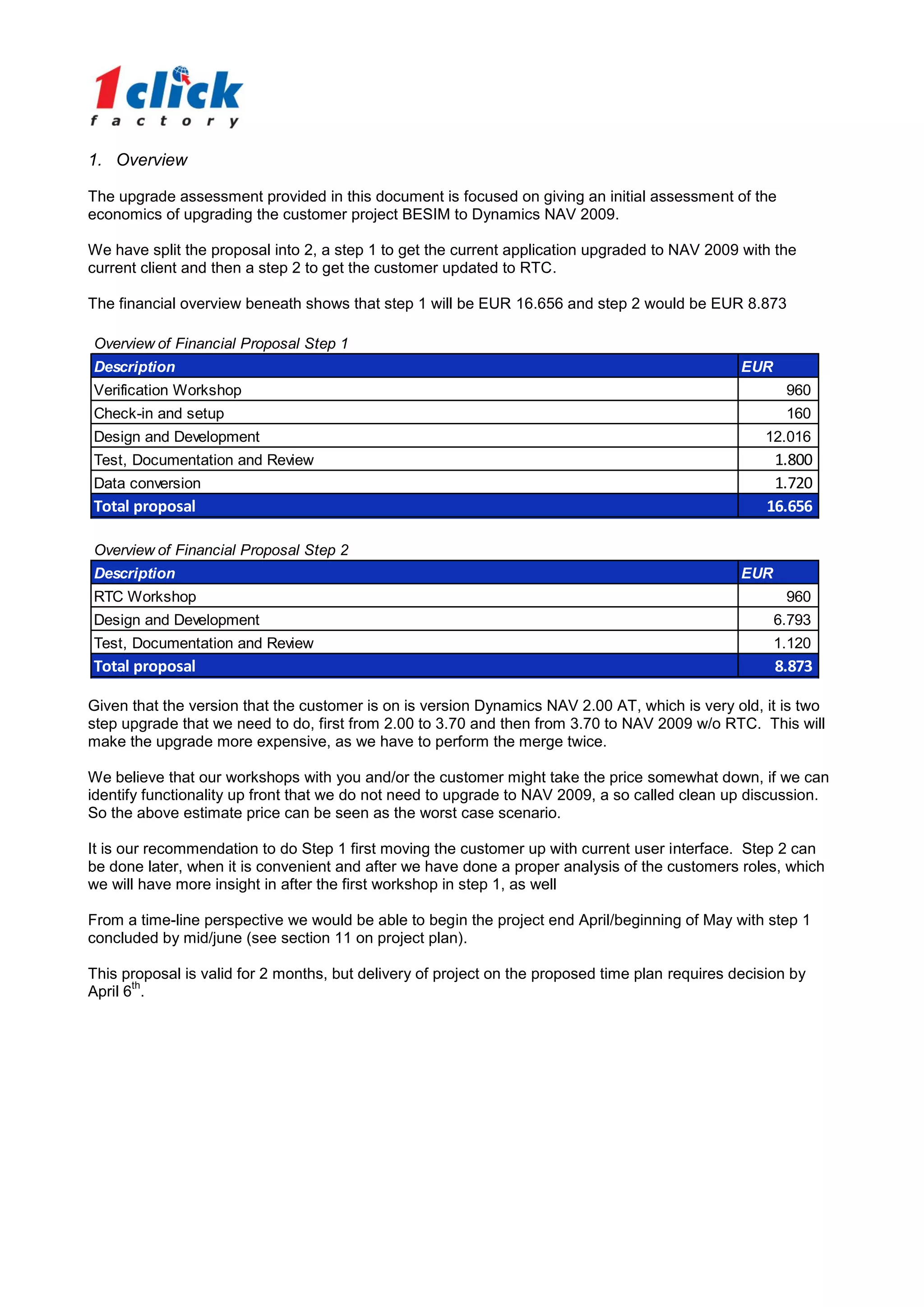 1. Overview

The upgrade assessment provided in this document is focused on giving an initial assessment of the
economics of upgrading the customer project BESIM to Dynamics NAV 2009.

We have split the proposal into 2, a step 1 to get the current application upgraded to NAV 2009 with the
current client and then a step 2 to get the customer updated to RTC.

The financial overview beneath shows that step 1 will be EUR 16.656 and step 2 would be EUR 8.873

Overview of Financial Proposal Step 1
Description                                                                                      EUR
Verification Workshop                                                                                   960
Check-in and setup                                                                                      160
Design and Development                                                                              12.016
Test, Documentation and Review                                                                        1.800
Data conversion                                                                                       1.720
Total proposal                                                                                       16.656

Overview of Financial Proposal Step 2
Description                                                                                      EUR
RTC Workshop                                                                                            960
Design and Development                                                                                 6.793
Test, Documentation and Review                                                                         1.120
Total proposal                                                                                         8.873

Given that the version that the customer is on is version Dynamics NAV 2.00 AT, which is very old, it is two
step upgrade that we need to do, first from 2.00 to 3.70 and then from 3.70 to NAV 2009 w/o RTC. This will
make the upgrade more expensive, as we have to perform the merge twice.

We believe that our workshops with you and/or the customer might take the price somewhat down, if we can
identify functionality up front that we do not need to upgrade to NAV 2009, a so called clean up discussion.
So the above estimate price can be seen as the worst case scenario.

It is our recommendation to do Step 1 first moving the customer up with current user interface. Step 2 can
be done later, when it is convenient and after we have done a proper analysis of the customers roles, which
we will have more insight in after the first workshop in step 1, as well

From a time-line perspective we would be able to begin the project end April/beginning of May with step 1
concluded by mid/june (see section 11 on project plan).

This proposal is valid for 2 months, but delivery of project on the proposed time plan requires decision by
       th
April 6 .
 