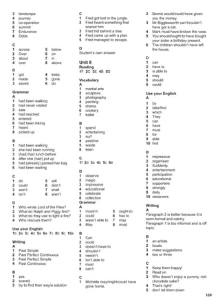 169
3 landscape
4 journey
5 co-operation
6 summit
7 Endurance
8 Odds
C
1 across
2 Over
3 about
4 over
5 below
6 on
7 in
8 above
D
1 got
2 made
3 saved
4 keep
5 gone
6 do
Grammar
A
1 had been walking
2 had never visited
3 saw
4 had reached
5 entered
6 had been hiking
7 heard
8 picked up
B
1 had been walking
2 she had been running
3 (had) had lunch before
4 after she (had) put up
5 had (already) packed her bag
6 had been waiting
C
1 do
2 could
3 won’t
4 isn’t
5 will
6 didn’t
7 shall
8 aren’t
D
1 Who wrote Lord of the Flies?
2 What do Ralph and Piggy find?
3 What do they use to light a fire?
4 Who rescues them?
Use your English
1b 2a 3c 4d 5a 6a 7c 8b 9c 10a
Writing
A
1 Past Simple
2 Past Perfect Continuous
3 Past Perfect Simple
4 Past Continuous
B
1 yes
2 scared
3 try to find their way/a solution
C
1 Fred got lost in the jungle.
2 Fred heard something that
scared him.
3 Fred hid behind a tree.
4 Fred came up with a plan.
5 Fred managed to escape.
D
Student’s own answer
Unit 8
Reading
1F 2C 3E 4B 5D
Vocabulary
A
1 martial arts
2 sculpture
3 photography
4 painting
5 drama
6 cookery
7 ballet
B
1 spend
2 entertaining
3 surf
4 pastime
5 waste
6 keen
C
1f 2d 3a 4b 5c 6e
D
1 observe
2 magic
3 impressive
4 educational
5 celebrate
6 collection
Grammar
A
1 mustn’t
2 could
3 wasn’t able to
4 May
5 ought to
6 has to
7 may
8 must
B
1 Can
2 could
3 doesn’t have to
4 shouldn’t
5 needn’t
6 isn’t able to
7 must
8 can’t
C
1 Michelle may/might/could have
gone home.
2 Bernie would/could have given
you the money.
3 Mr Bigglesworth can’t/couldn’t
have got a cat.
4 Mark must have broken the vase.
5 You should/ought to have bought
your sister a birthday present.
6 The children shouldn’t have left
the house.
D
1 can
2 have to
3 is able to
4 may
5 should
6 could
Use your English
A
1 by
2 take/find
3 which
4 They
5 can
6 have
7 must
8 for
9 able
10 find
B
1 impressive
2 organised
3 Suddenly
4 entertainment
5 participation
6 educational
7 supporters
8 strongly
9 daily
10 observers
Writing
A
Paragraph 2 is better because it is
semi-formal and catchy.
Paragraph 1 is too informal and is off
topic.
B
1 an article
2 locals
3 make suggestions
4 two or three
C
1 Keep them happy!
2 Read on
3 Who doesn’t enjoy a yummy, rich
chocolate cake?
4 That’s right!
5 don’t let them down
 